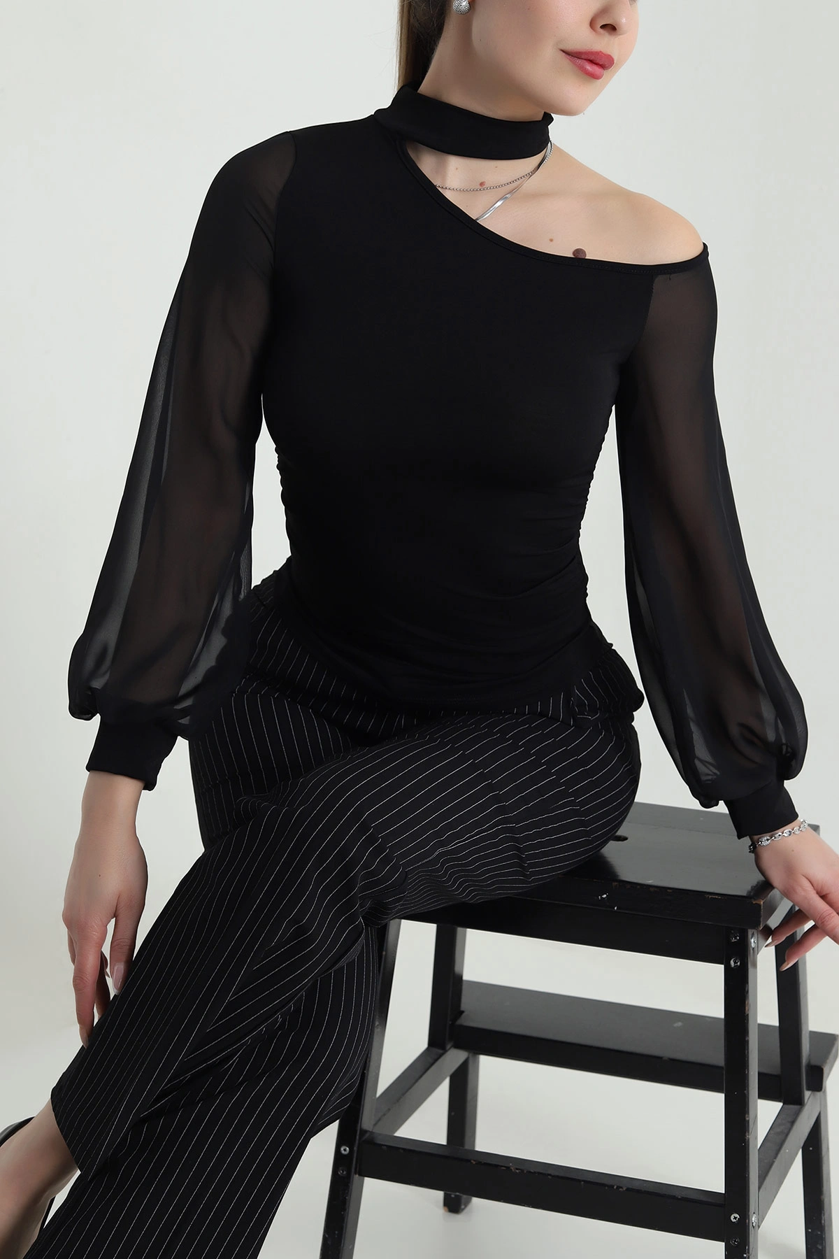 Siyah Şifon Kol Sandy Kadın Bluz 491341