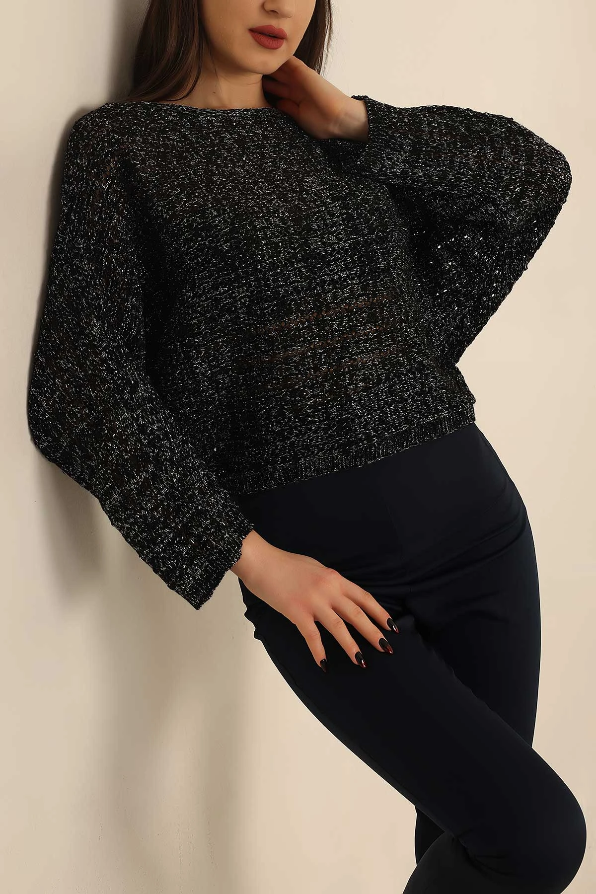 Siyah Simli Bayan Triko Bluz 241496