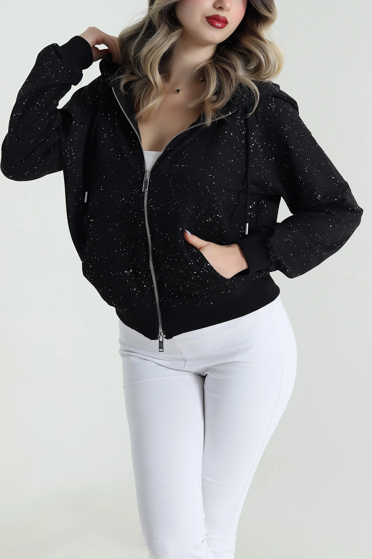 Siyah Sİmli İki İp Kadın Fermuarlı Sweat 488569