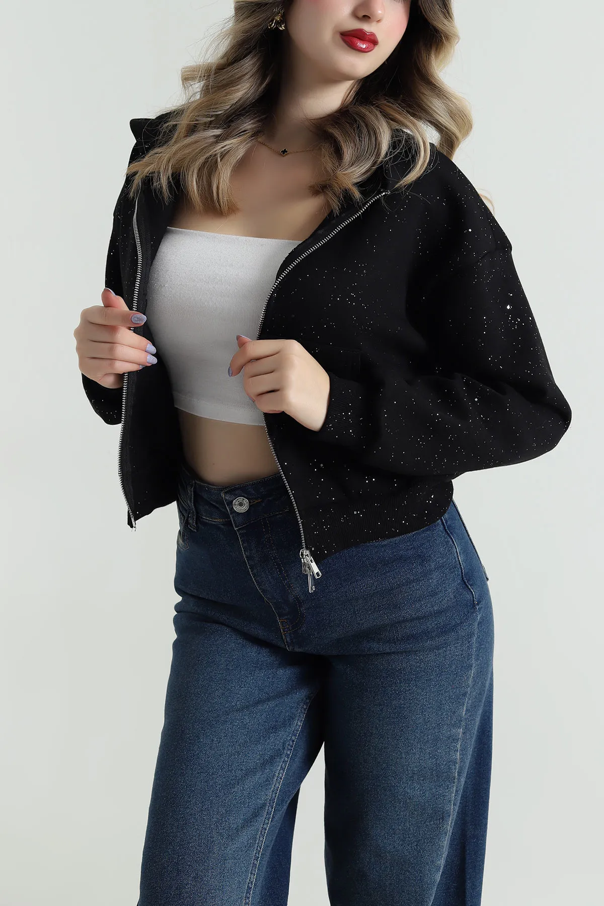 Siyah Simli Kadın Fermuarlı Sweat 495072