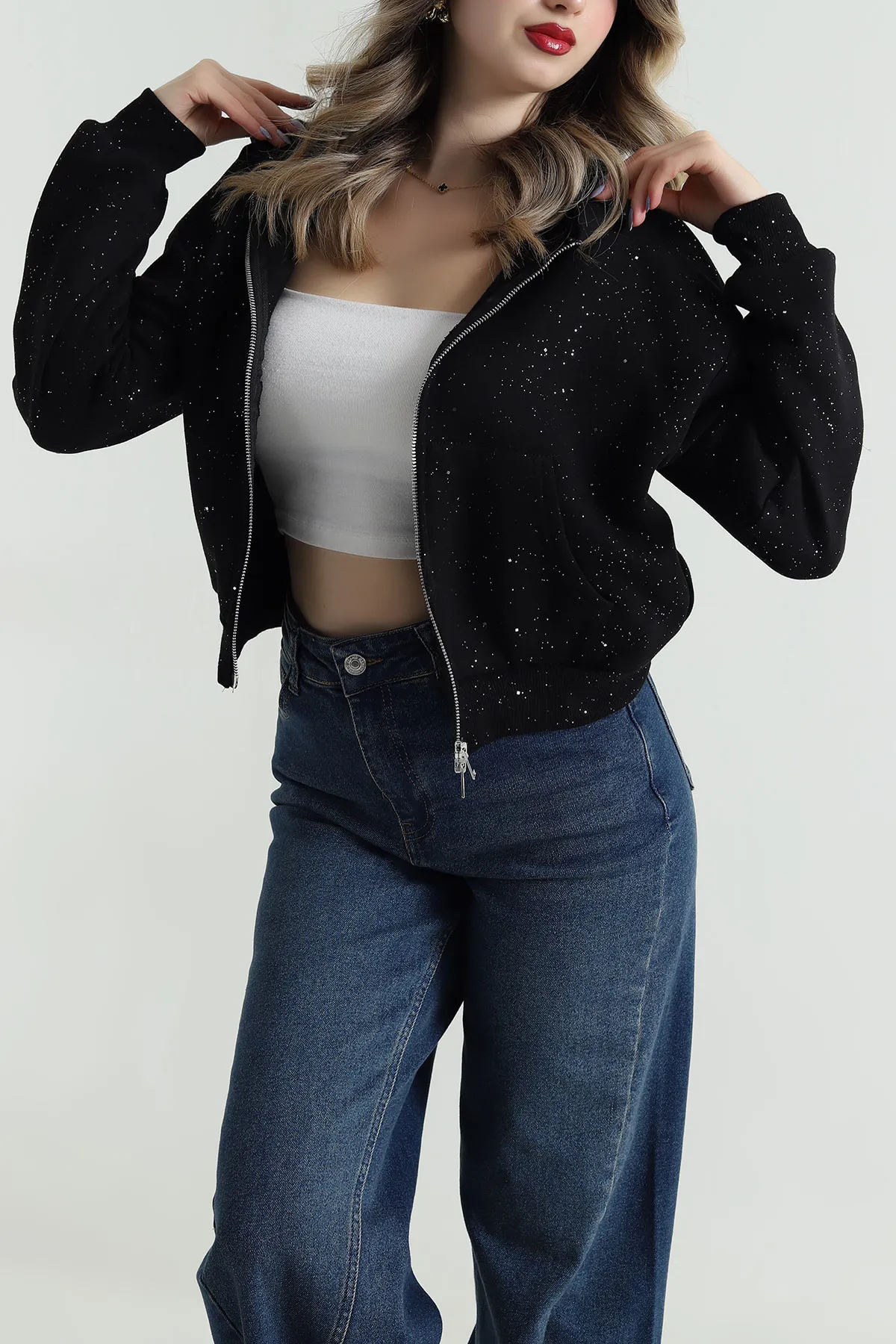 Siyah Simli Kadın Fermuarlı Sweat 495072