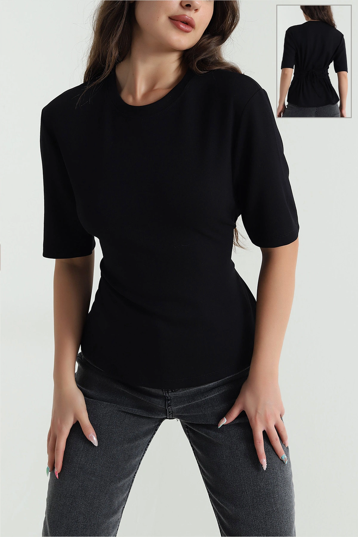 Siyah Sırt Bağcıklı Modal Kadın Tişört 468124