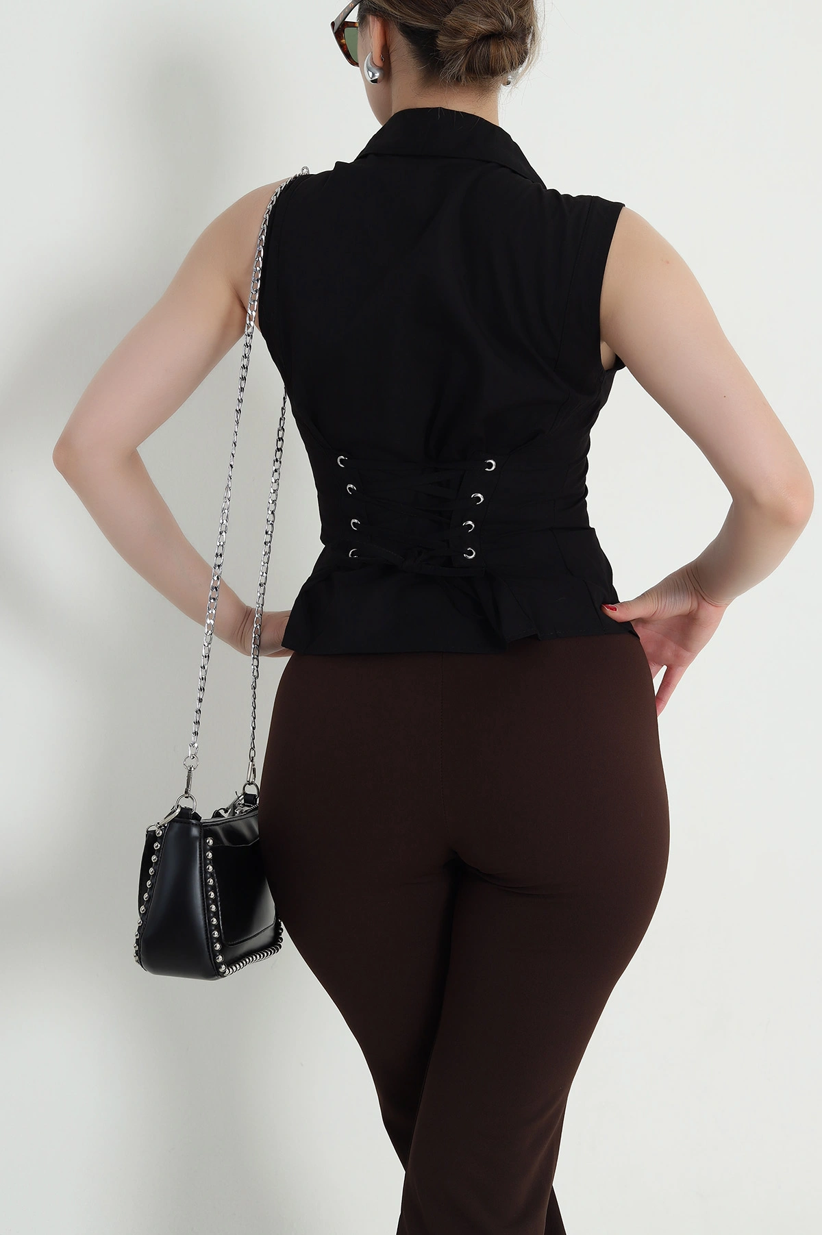 Siyah Sırt Bağcıklı Poplin Kadın Gömlek 467752