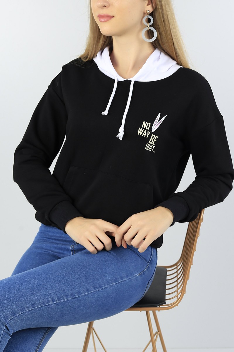 Siyah Sırt Baskılı Bayan Pamuk Sweat 51795