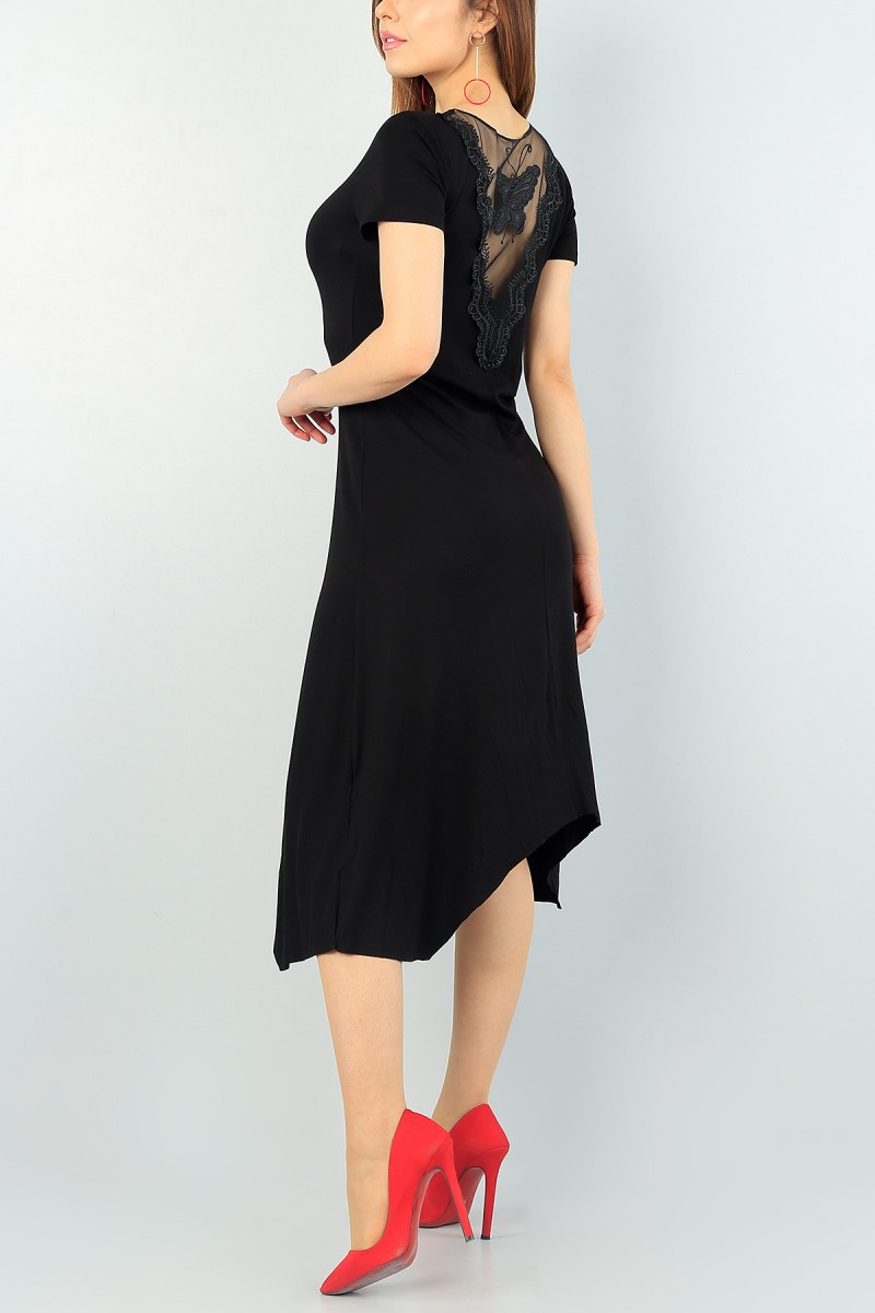 Siyah Sırt Dantel İşlemeli Elbise 61722