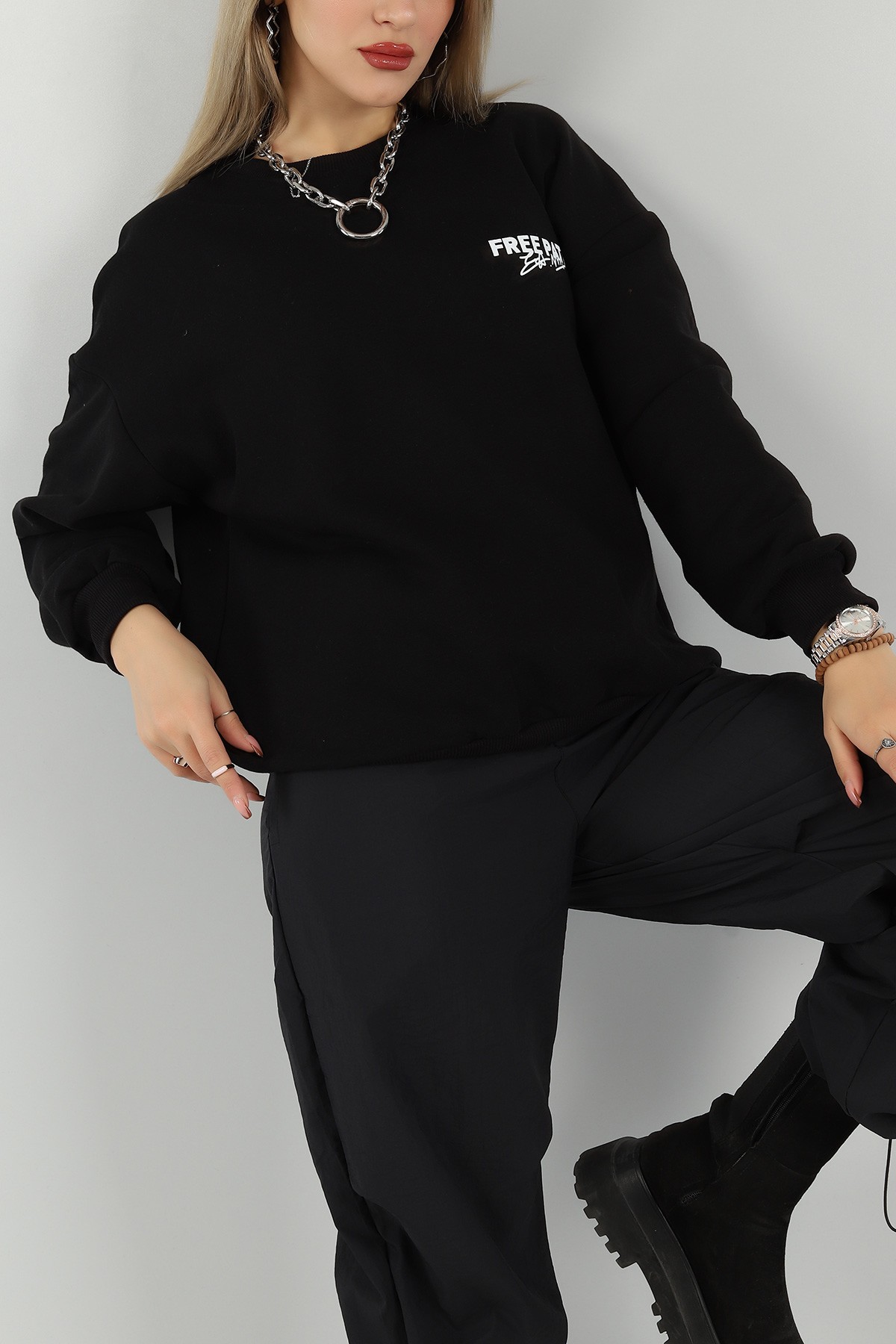 Siyah Sırtı Baskı Şardonlu Sweat 144428