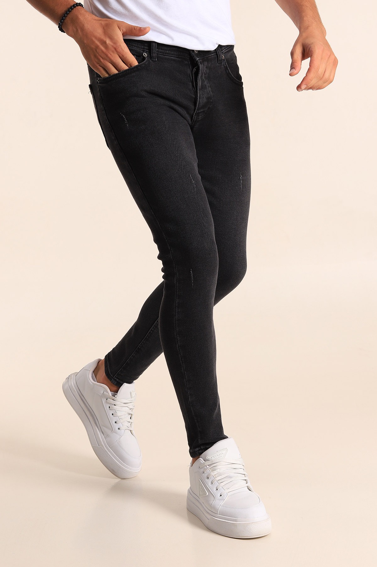 Siyah Skinny Fit Likralı Taşlama Detaylı Erkek Kot Pantolon 194706