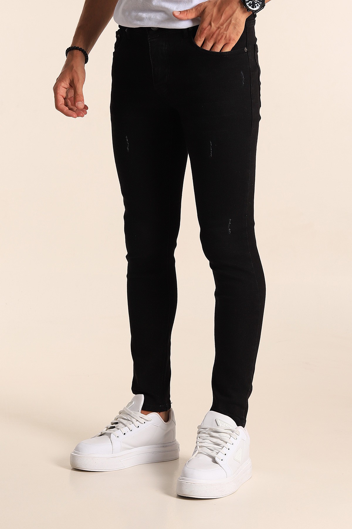 Siyah Skinny Fit Likralı Taşlama Detaylı Erkek Kot Pantolon 194710