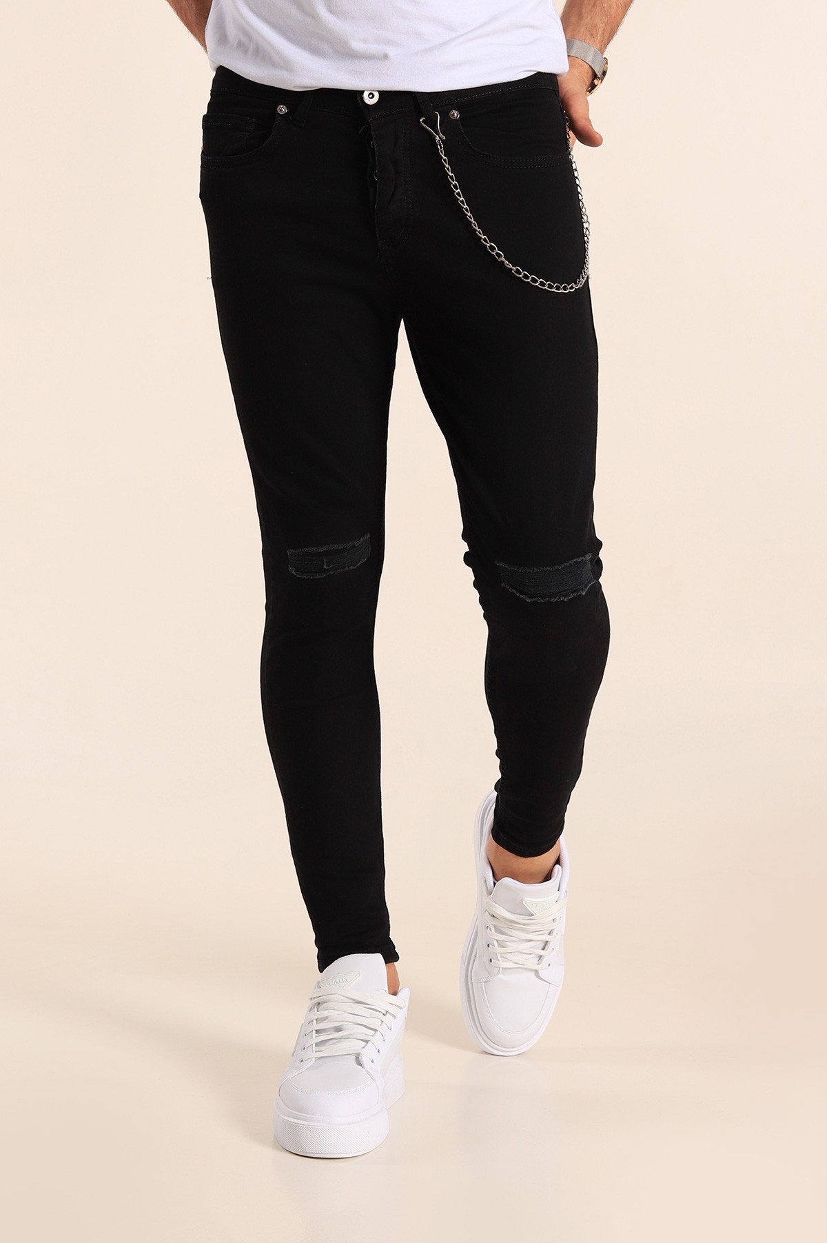 Siyah Skinny Fit Likralı Yırtık Zincir Detay Erkek Kot Pantolon 190418