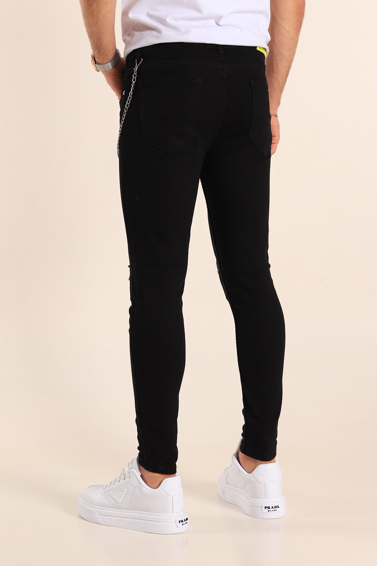 Siyah Skinny Fit Likralı Yırtık Zincir Detay Erkek Kot Pantolon 190418