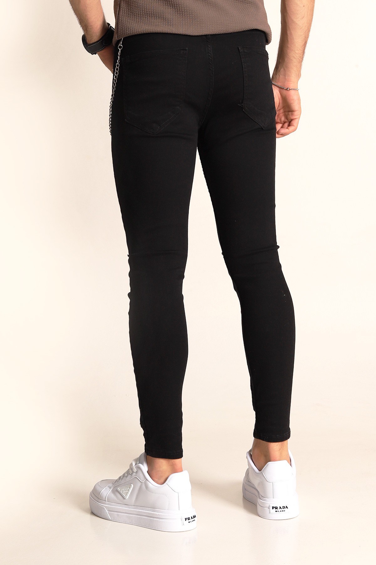 Siyah Skinny Fit Likralı Yırtık Zincir Detay Erkek Kot Pantolon 190419