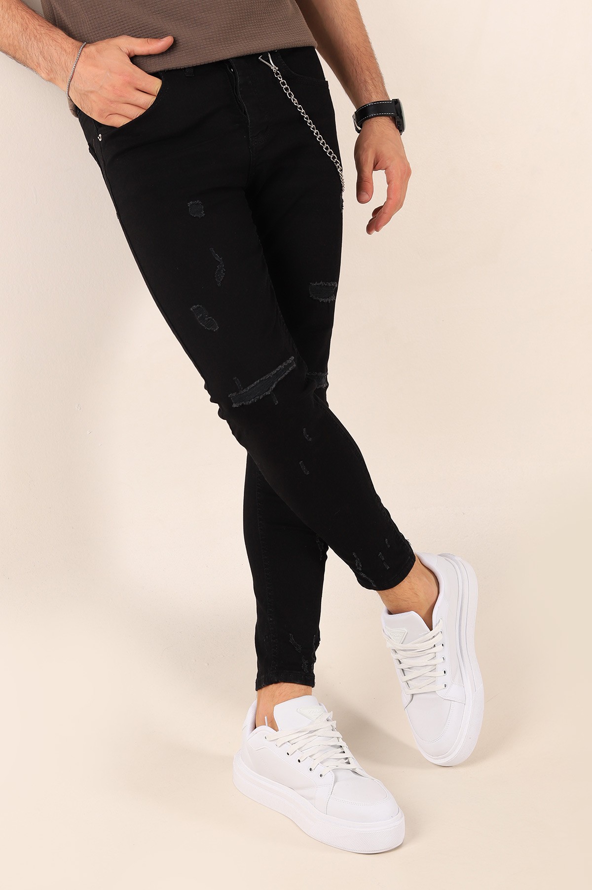 Siyah Skinny Fit Likralı Yırtık Zincir Detay Erkek Kot Pantolon 190419