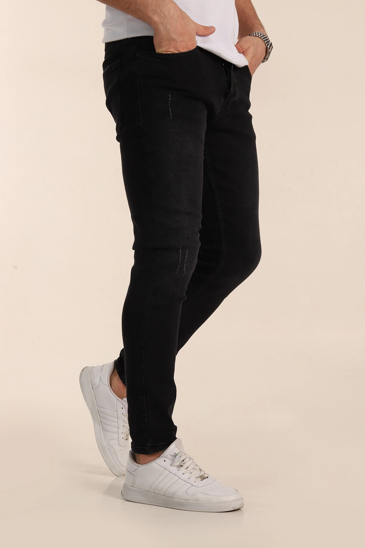 Siyah Skinny Fit Yıkamalı Taşlama Detaylı Erkek Kot Pantolon 354422