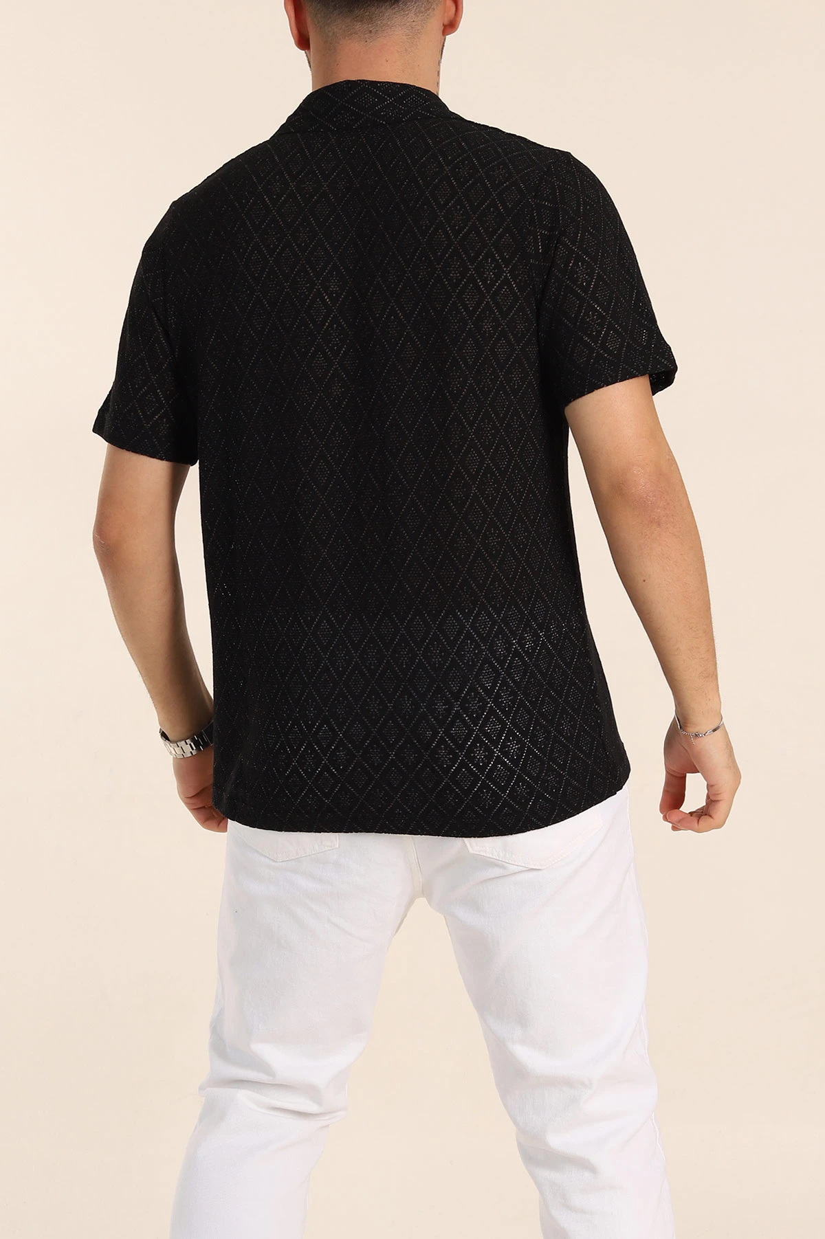 Siyah Slim Fit Ajurlu Polo Yaka Kısa Kollu Erkek Triko Tişört 338958