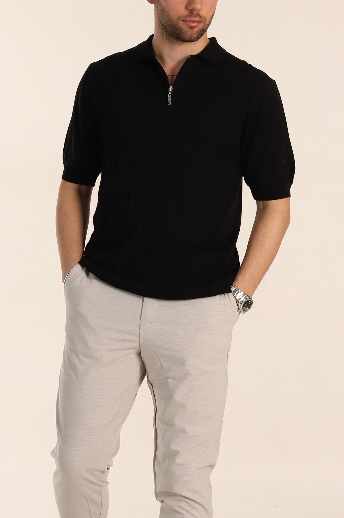 Siyah Slim Fit Baklava Desenli Polo Yaka Kısa Kollu Erkek Triko Tişört 338901