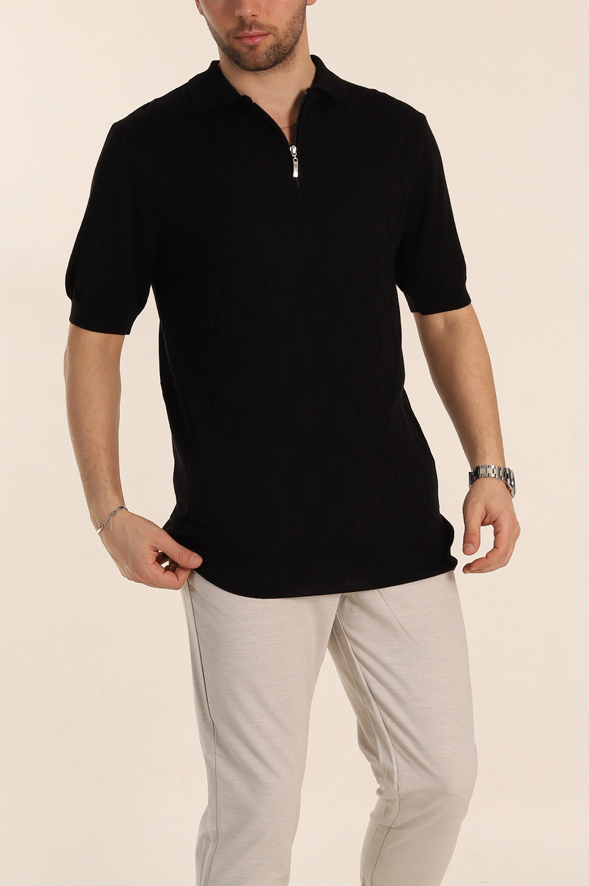 Siyah Slim Fit Baklava Desenli Polo Yaka Kısa Kollu Erkek Triko Tişört 338901