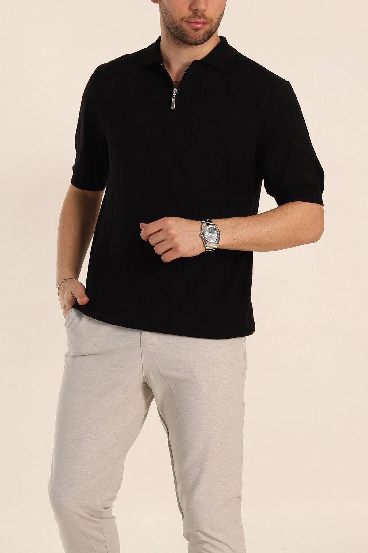 Siyah Slim Fit Baklava Desenli Polo Yaka Kısa Kollu Erkek Triko Tişört 338901
