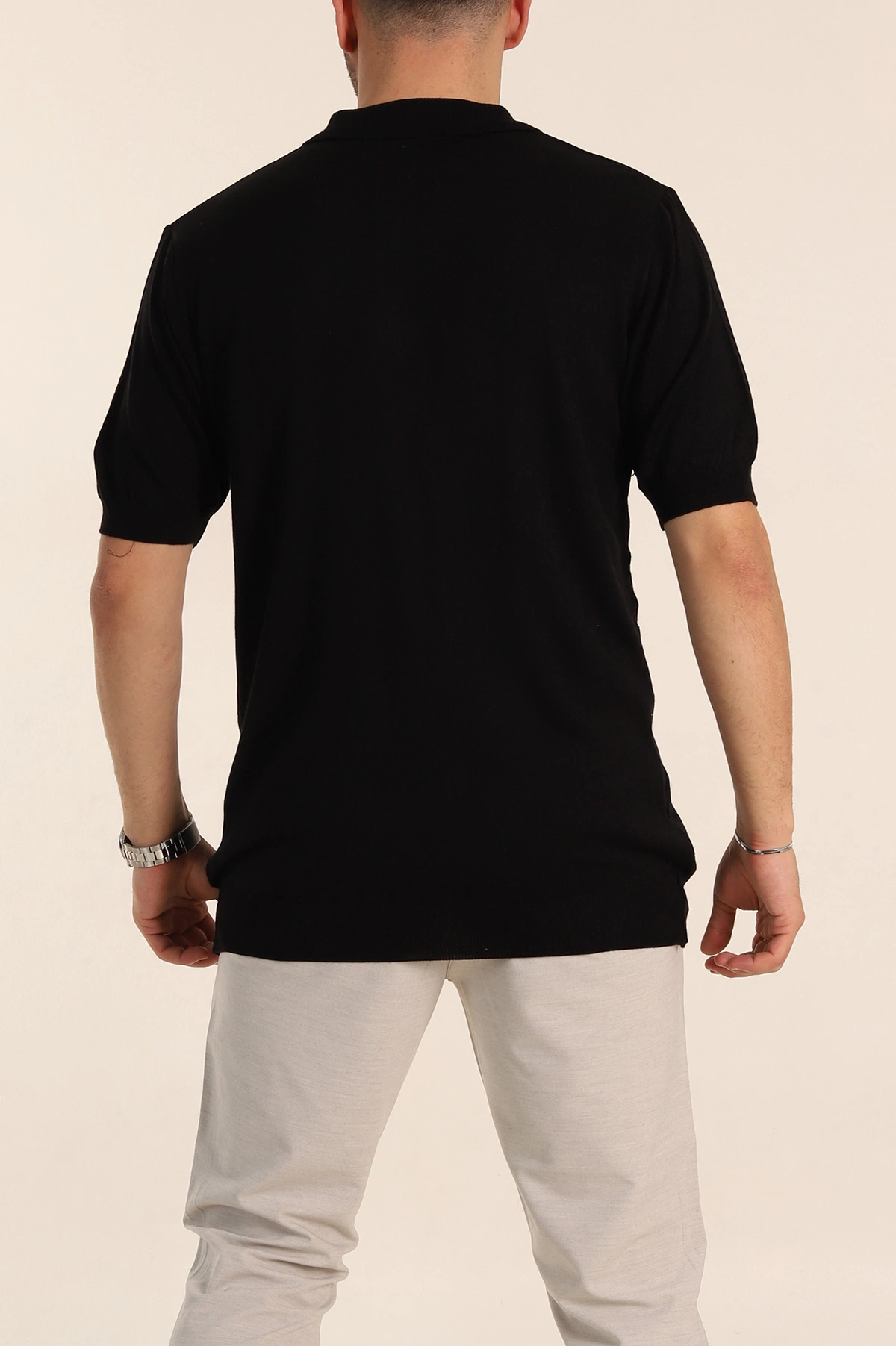 Siyah Slim Fit Baklava Desenli Polo Yaka Kısa Kollu Erkek Triko Tişört 338901
