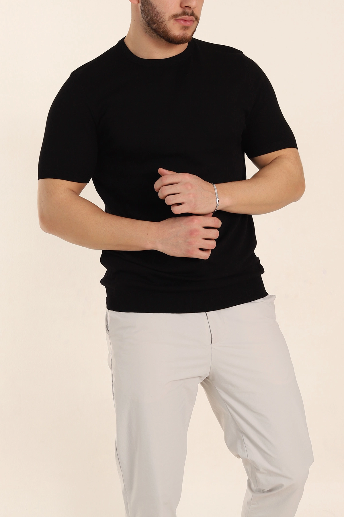 Siyah Slim Fit Basic Kısa Kollu Triko Tişört 338593