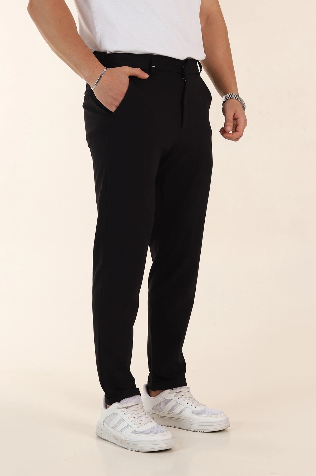 Siyah Slim Fit Bel Arkası Lastikli Duble Paça Erkek Yazlık Kumaş Pantolon 365845