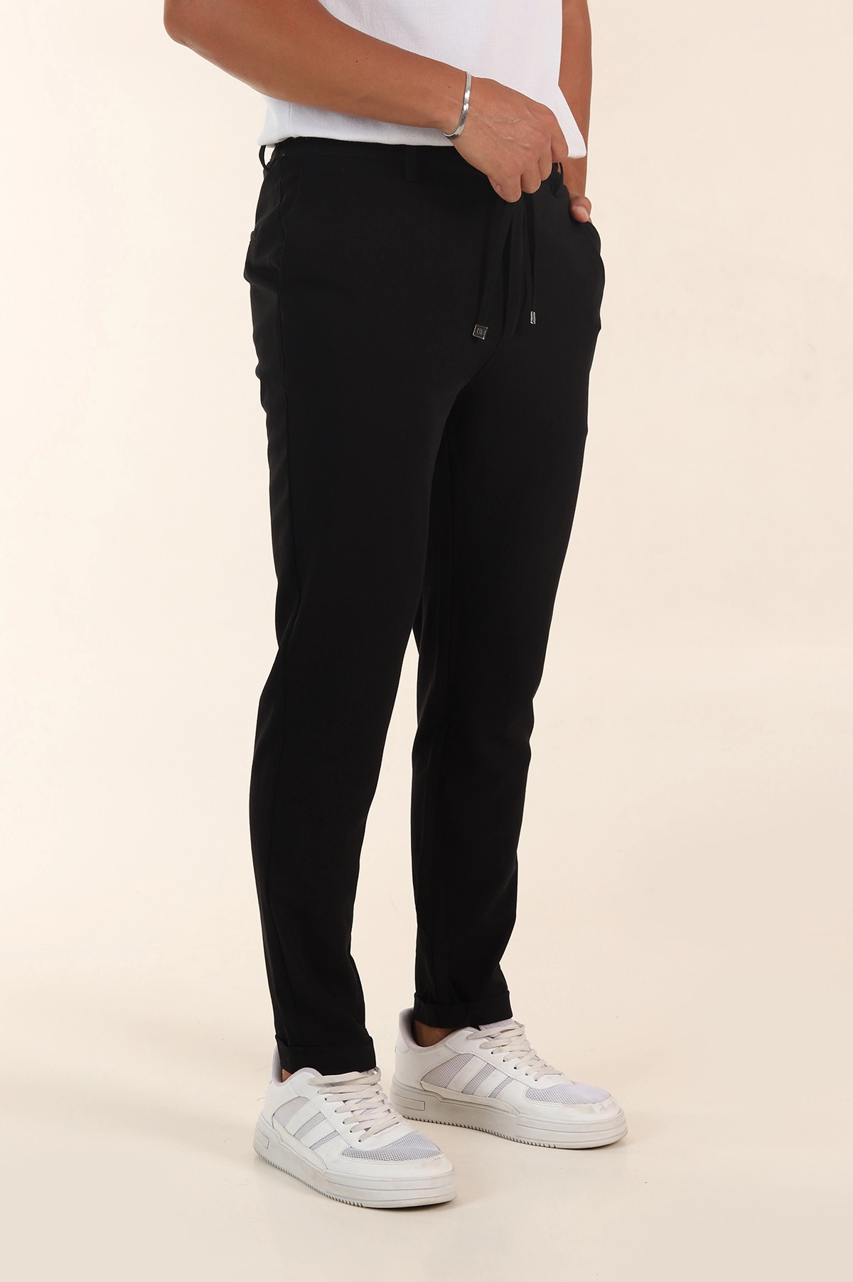 Siyah Slim Fit Bel Lastikli Duble Paça Erkek Jogger Pantolon 380946
