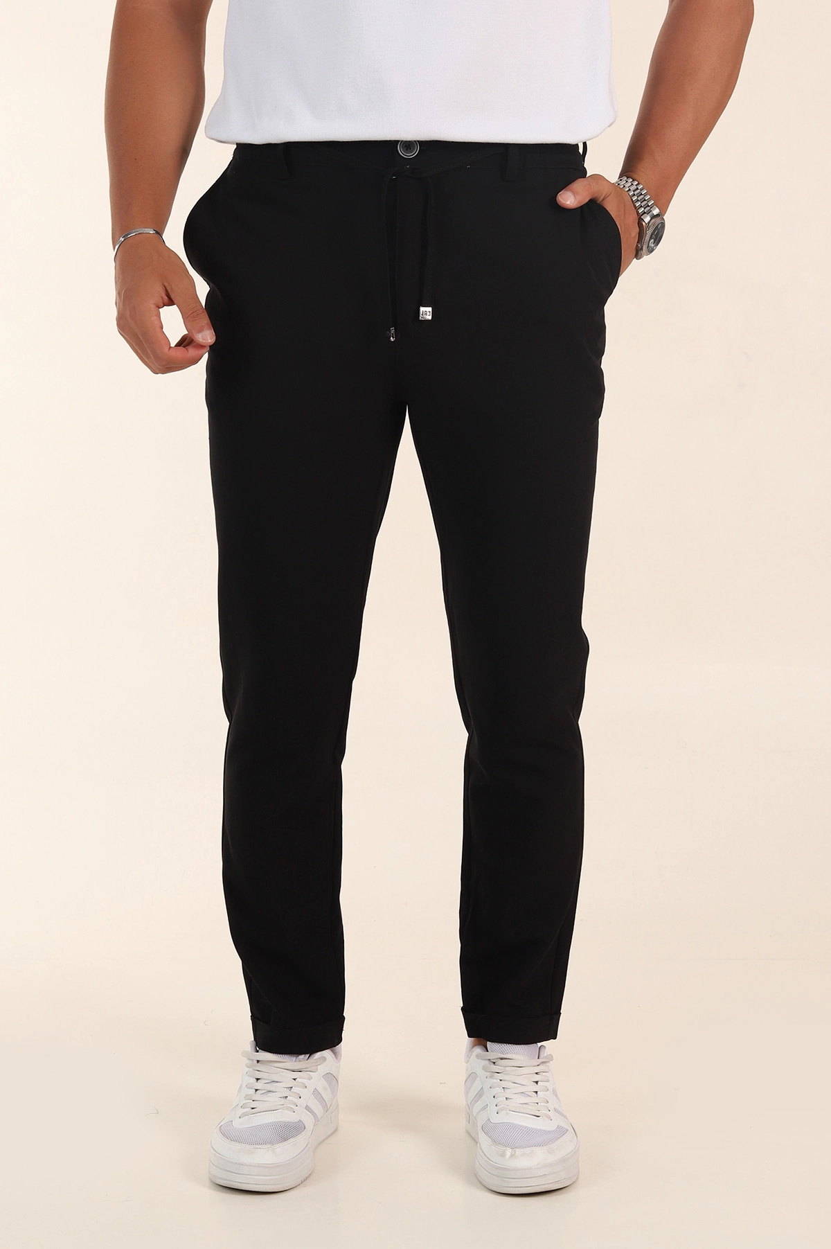Siyah Slim Fit Bel Lastikli Duble Paça Erkek Jogger Pantolon 380946