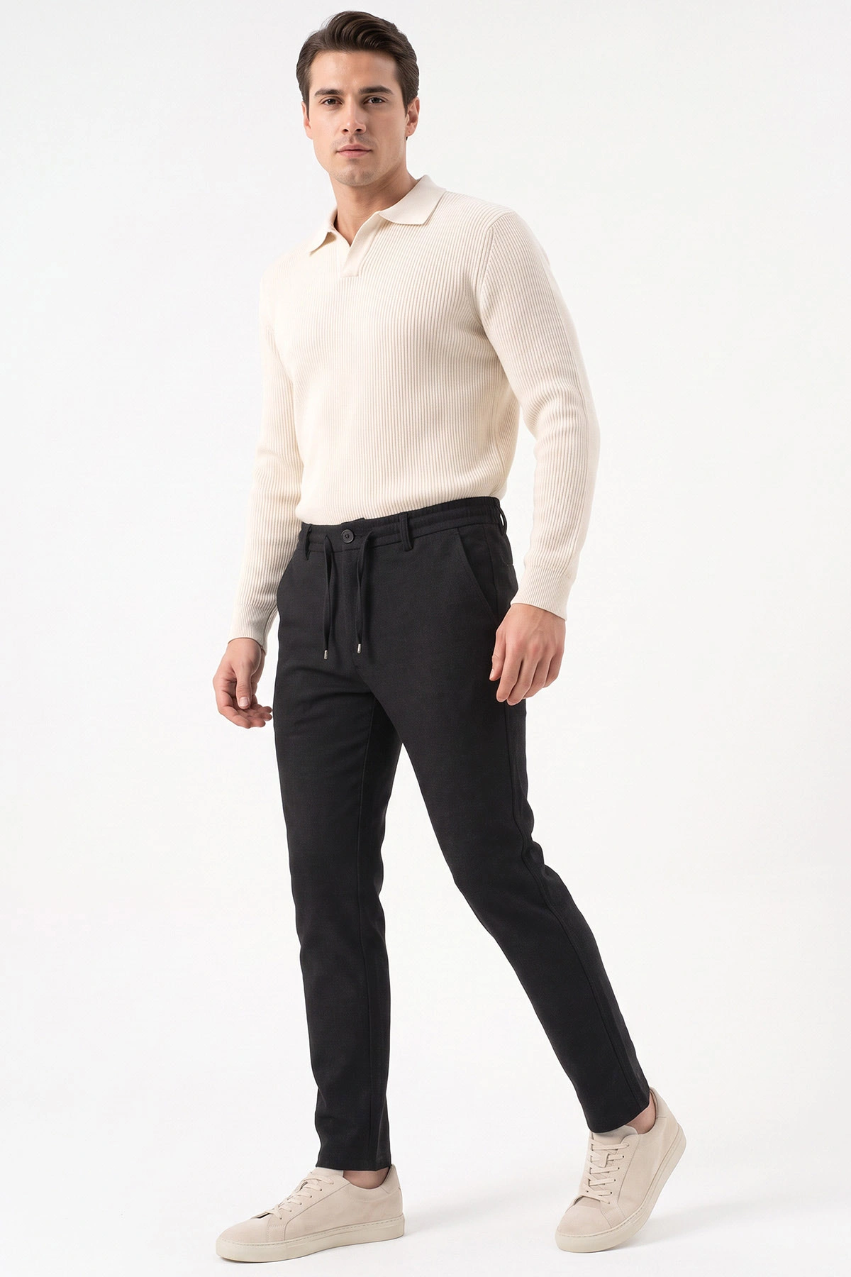 Siyah Slim Fit Belden Bağlamalı Erkek Pantolon 493196