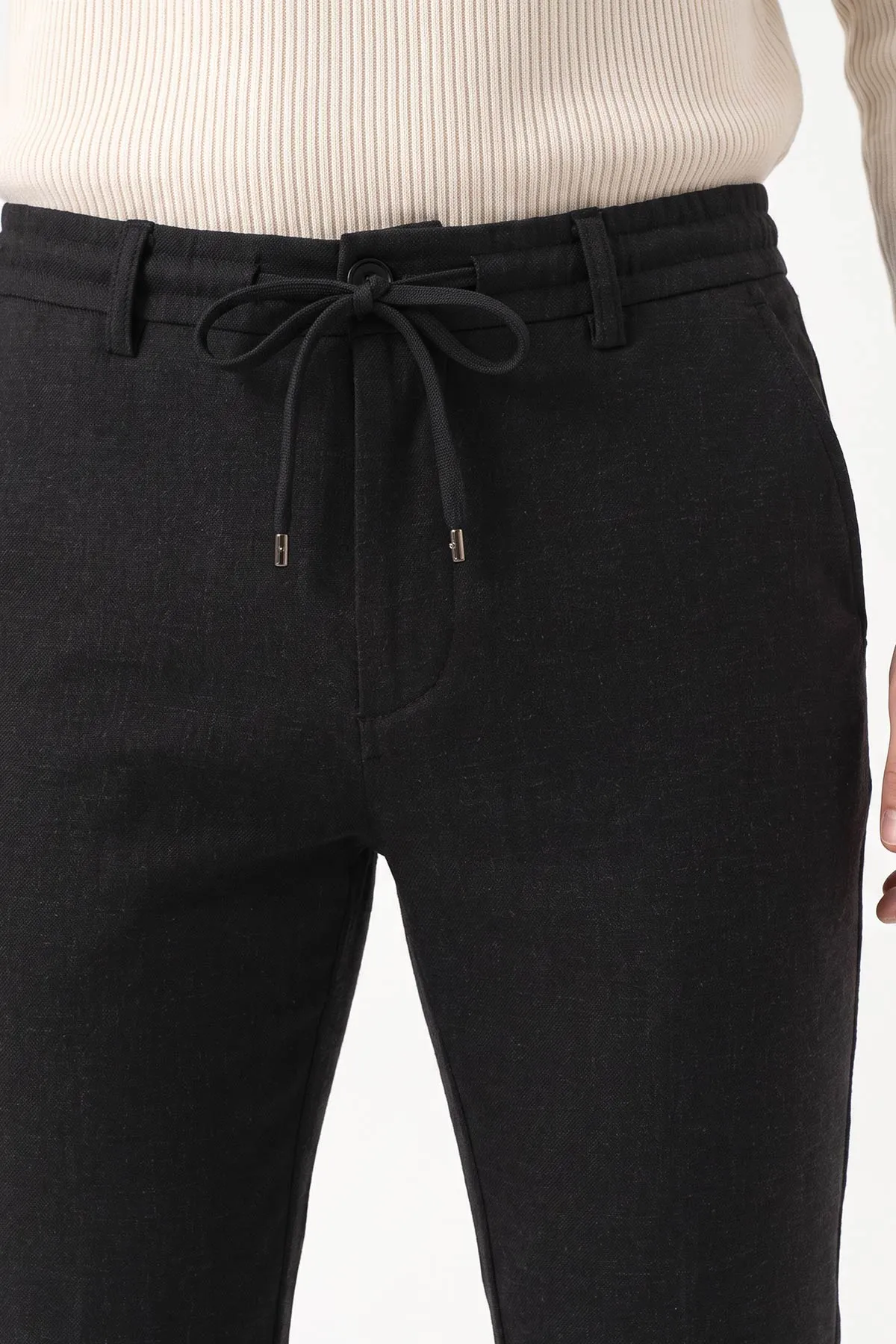 Siyah Slim Fit Belden Bağlamalı Erkek Pantolon 493196