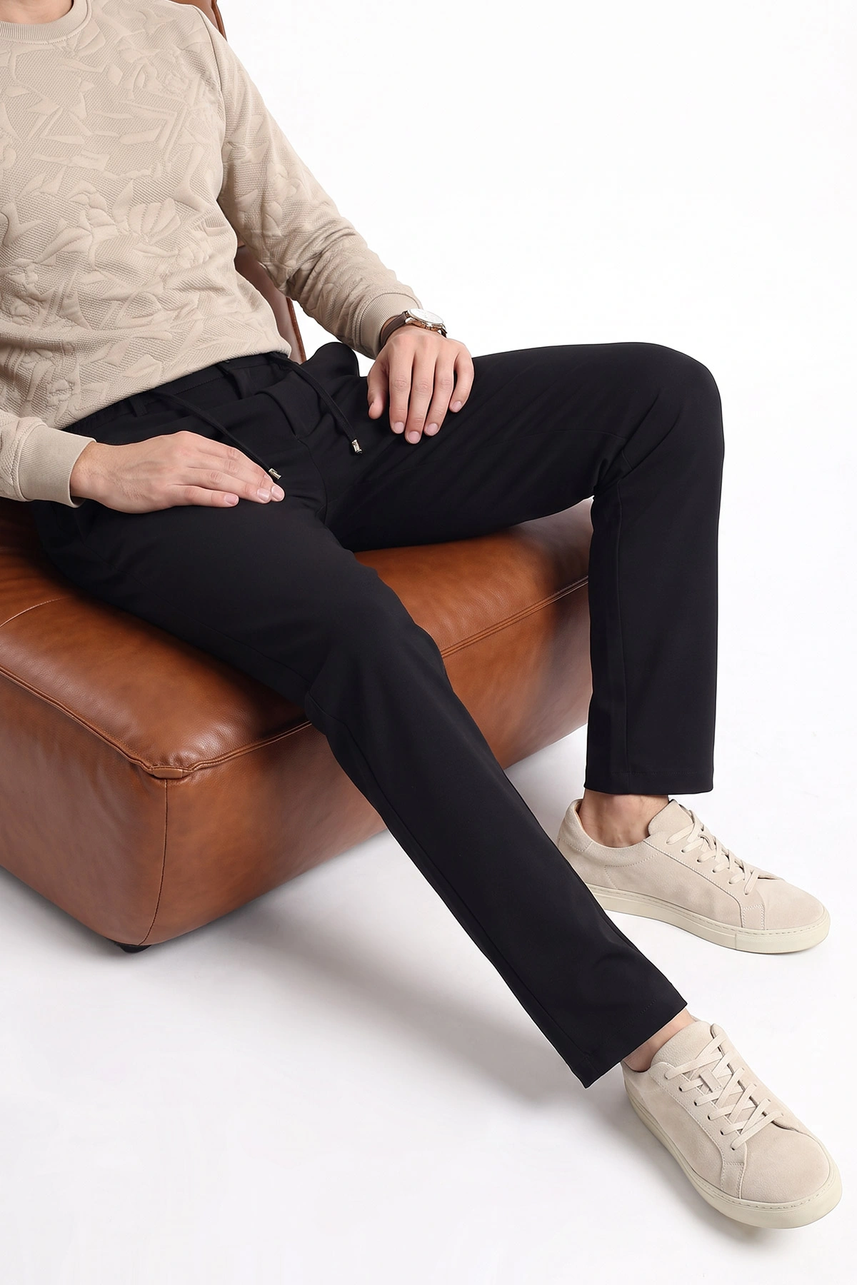Siyah Slim Fit Belden Bağlamalı Erkek Pantolon 493213