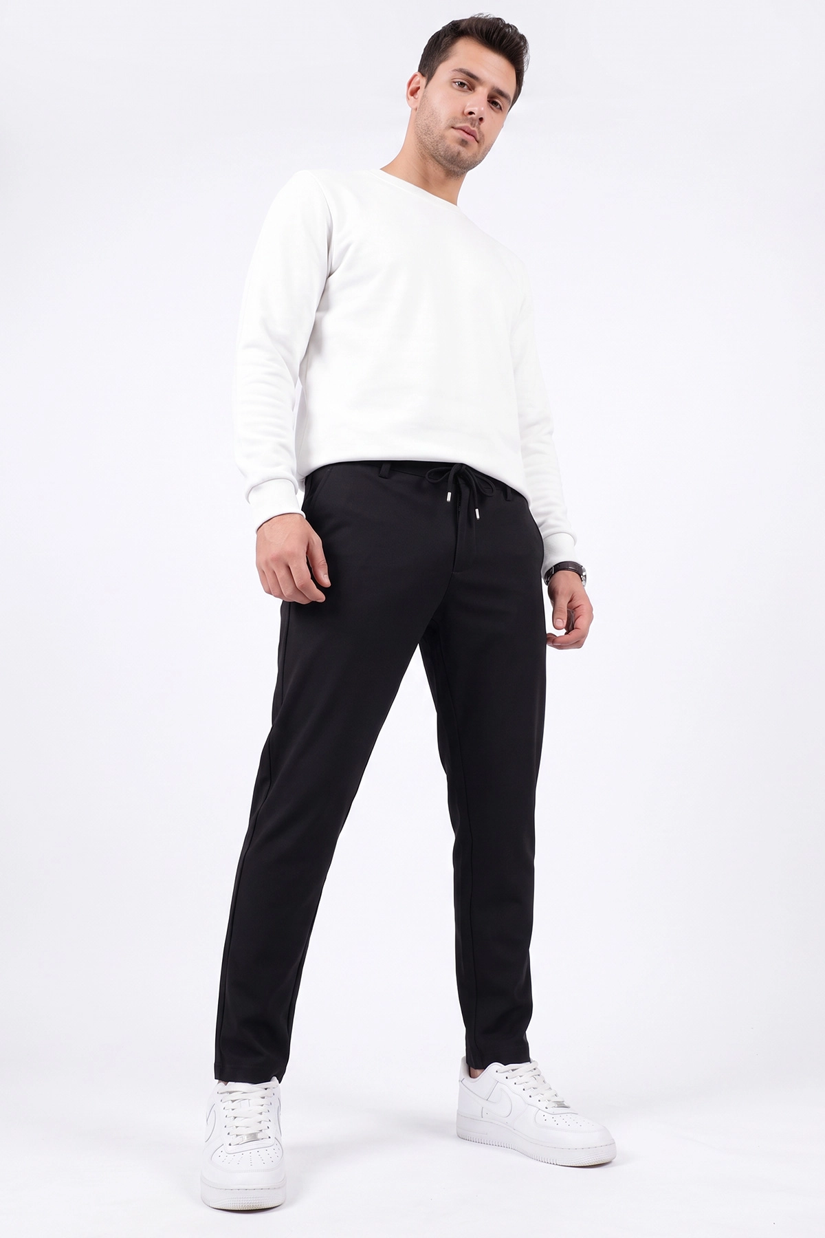 Siyah Slim Fit Belden Bağlamalı Erkek Pantolon 493277