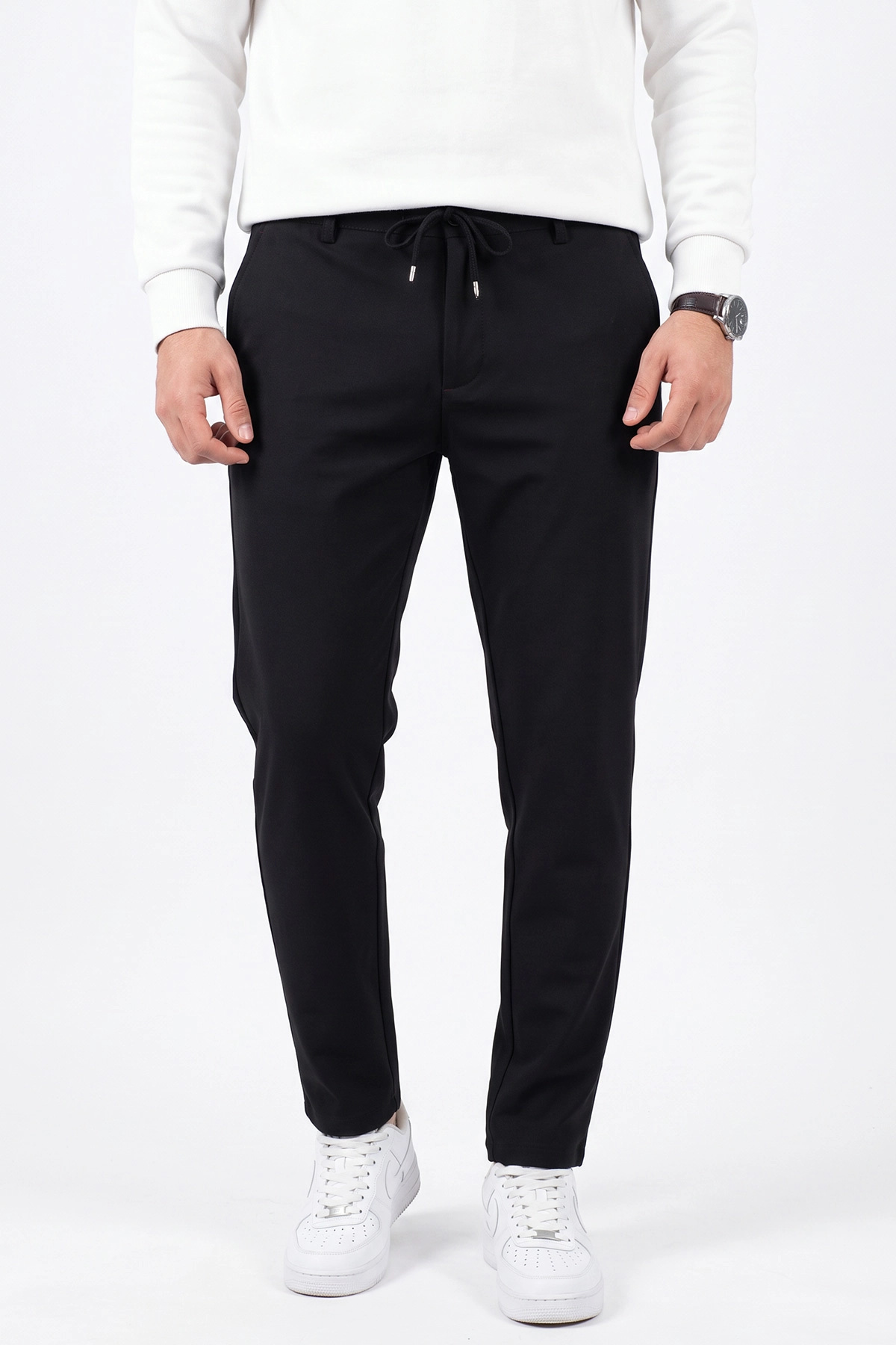 Siyah Slim Fit Belden Bağlamalı Erkek Pantolon 493277