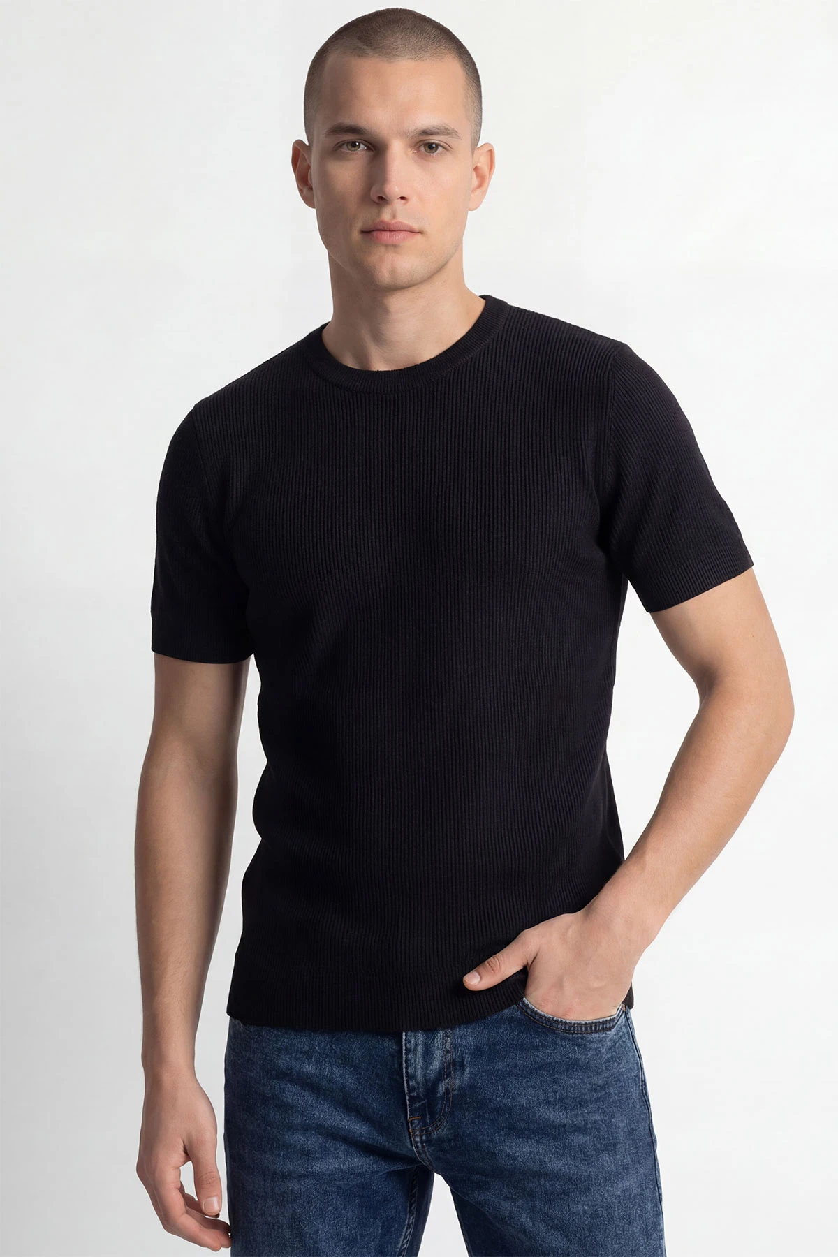Siyah Slim Fit Bisiklet Yaka Triko Erkek Tişört 449041