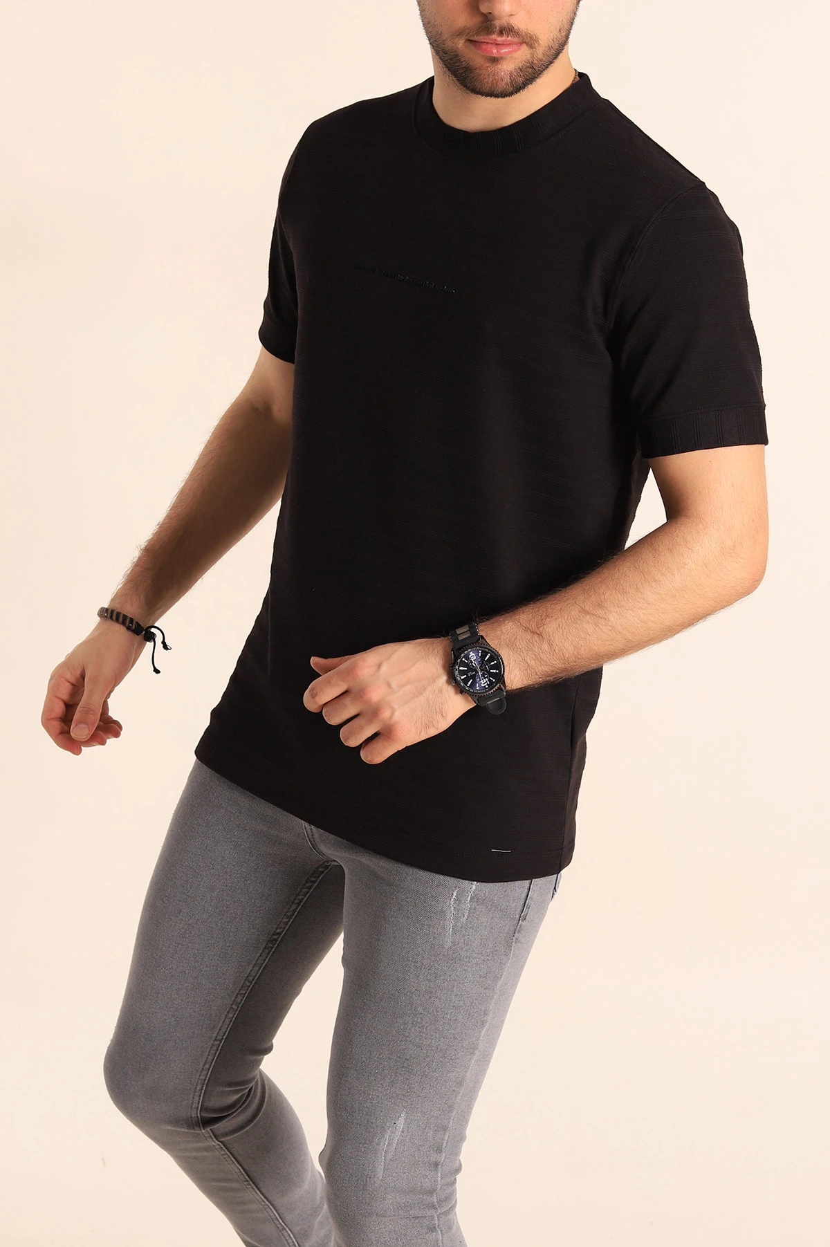 Siyah Slim Fit Çizgi Detay Likralı Erkek Tişört 248117