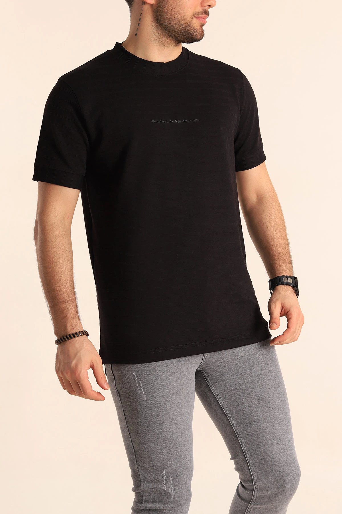 Siyah Slim Fit Çizgi Detay Likralı Erkek Tişört 248117