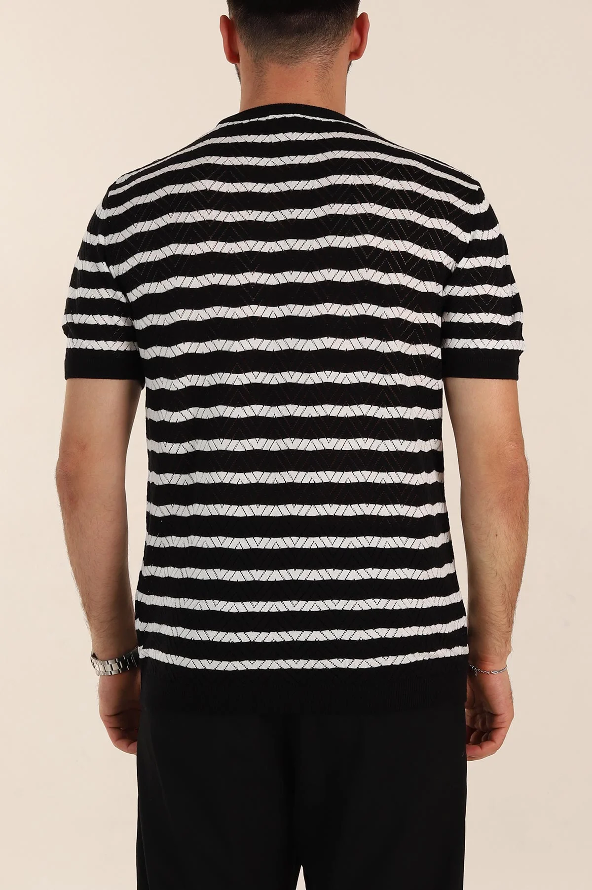 Siyah Slim Fit Çizgili Bisiklet Yaka Erkek Triko Tişört 358310