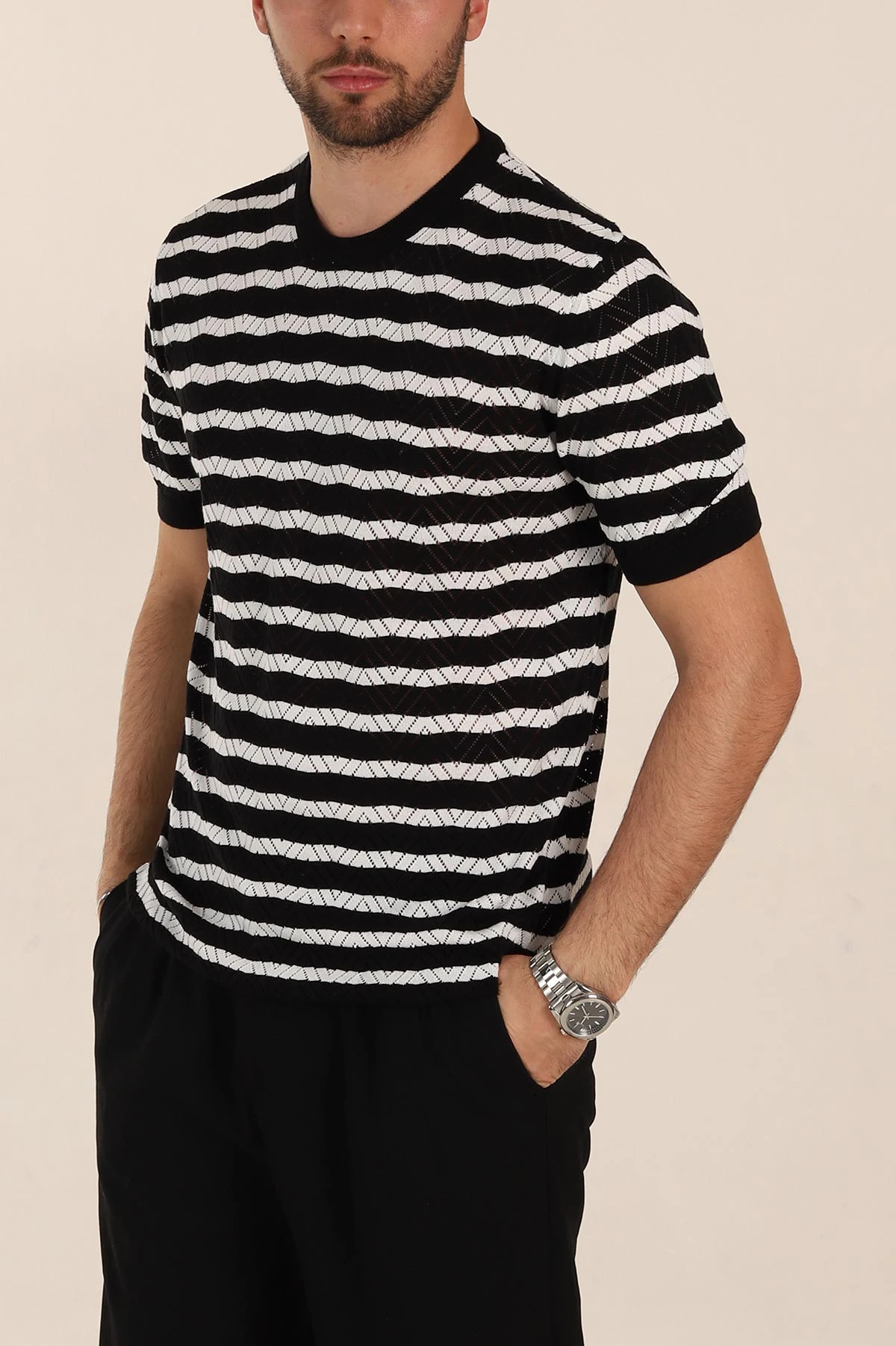 Siyah Slim Fit Çizgili Bisiklet Yaka Erkek Triko Tişört 358310