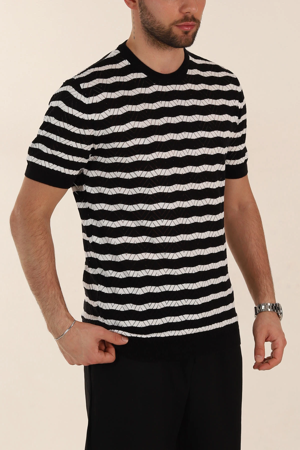 Siyah Slim Fit Çizgili Bisiklet Yaka Erkek Triko Tişört 358310