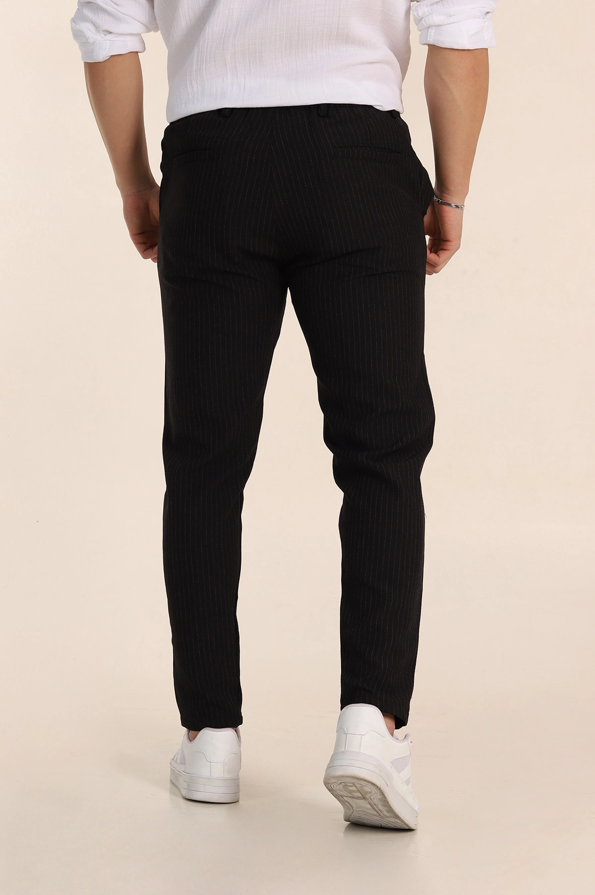 Siyah Slim Fit Çizgili Gofre Kumaş Erkek Pantolon 351862