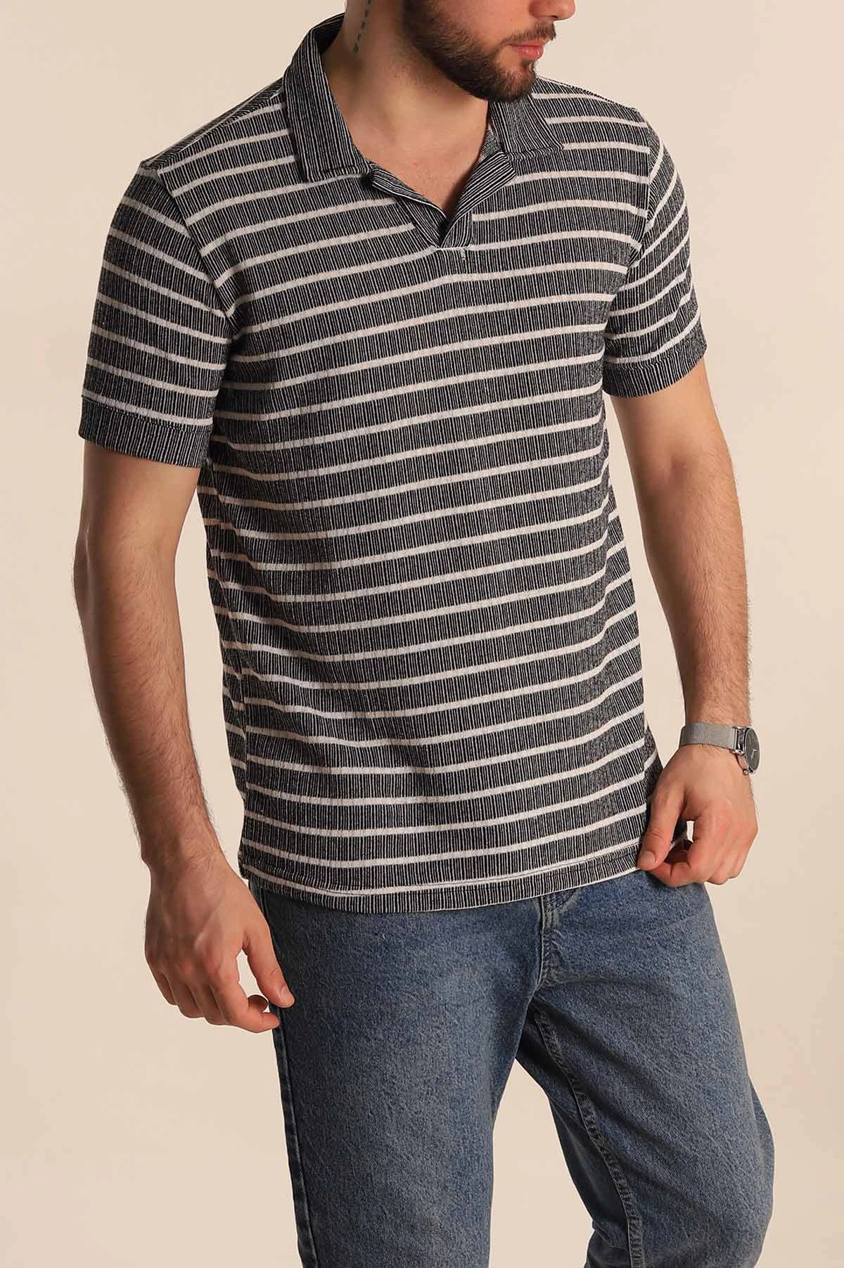 Siyah Slim Fit Çizgili Polo Yaka Erkek Tişört 276012