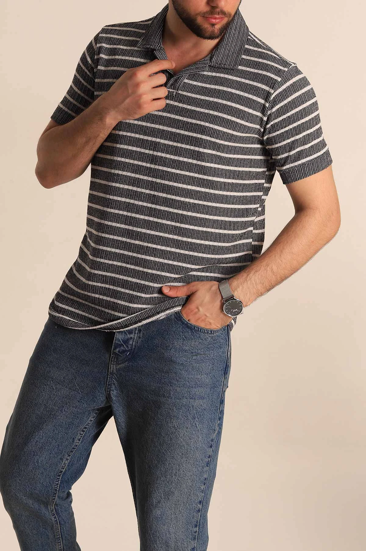 Siyah Slim Fit Çizgili Polo Yaka Erkek Tişört 276012