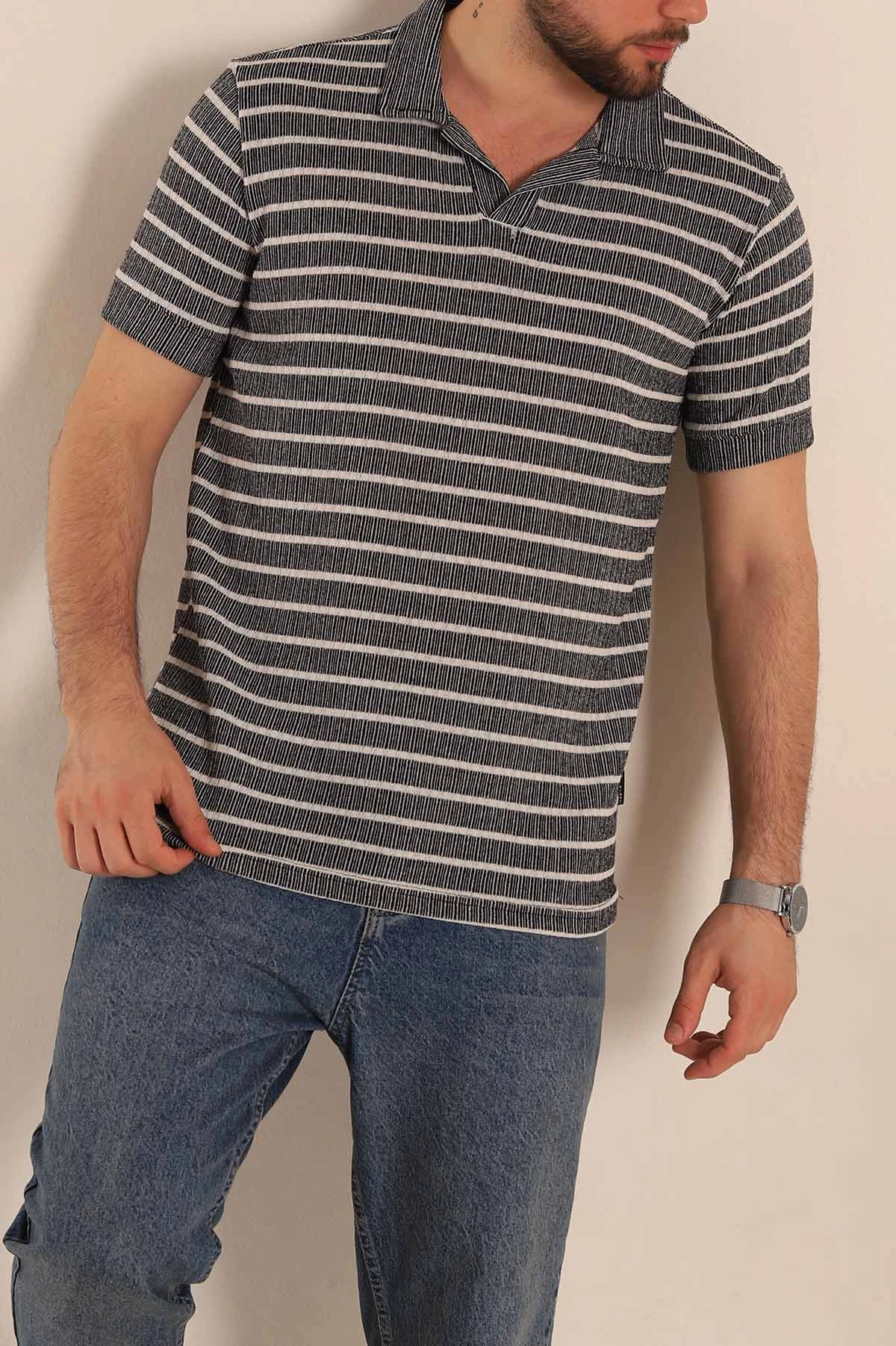 Siyah Slim Fit Çizgili Polo Yaka Erkek Tişört 276012
