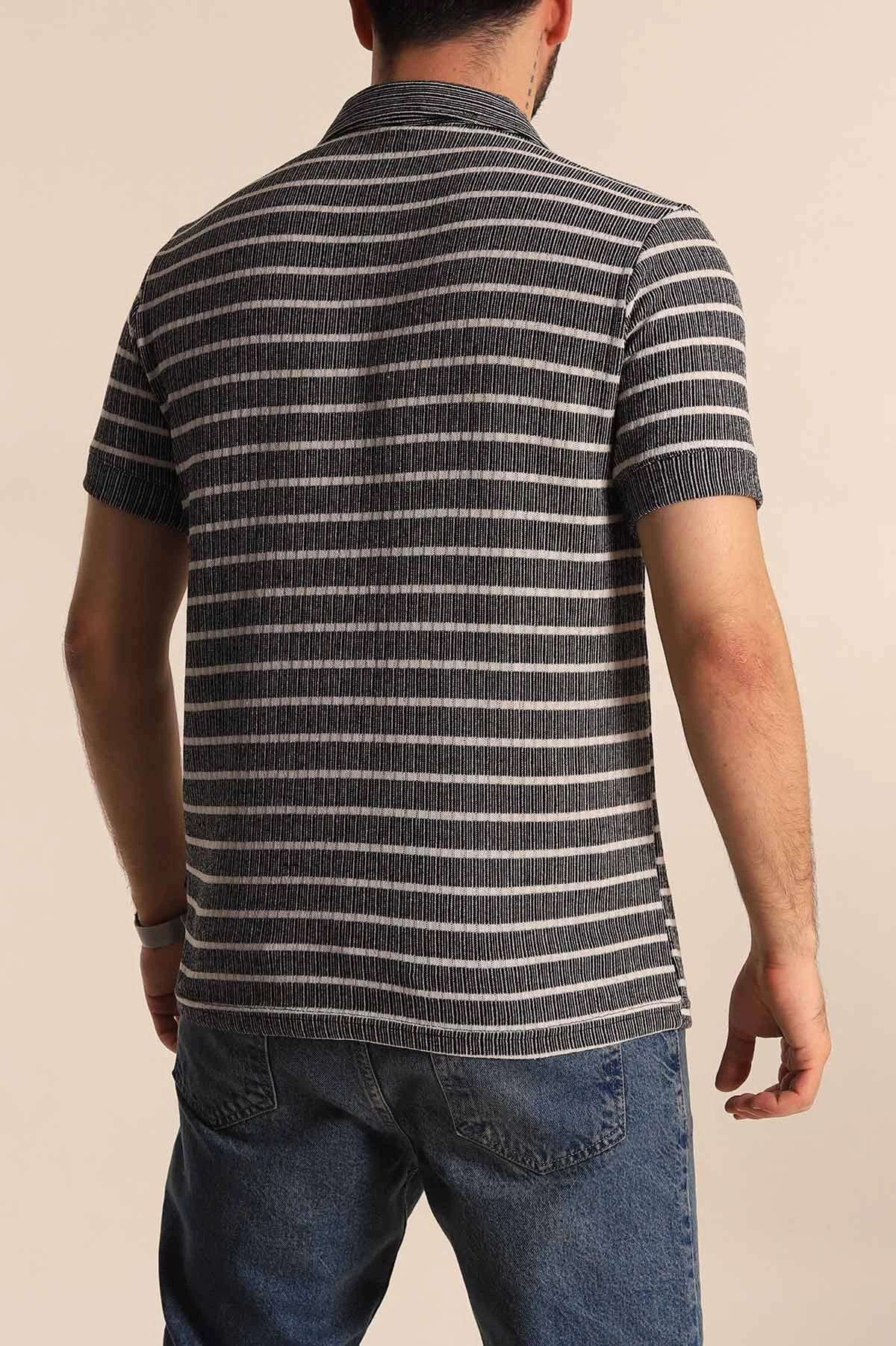 Siyah Slim Fit Çizgili Polo Yaka Erkek Tişört 276012