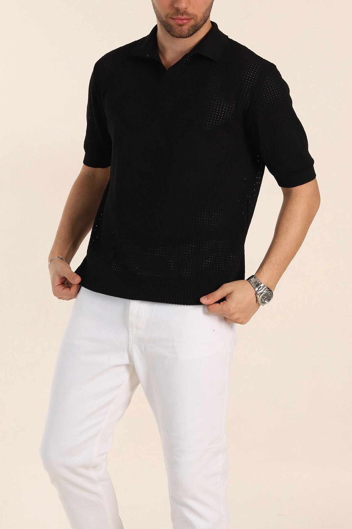 Siyah Slim Fit Delikli Patlı Polo Yaka Kısa Kollu Erkek Triko Tişört 338908