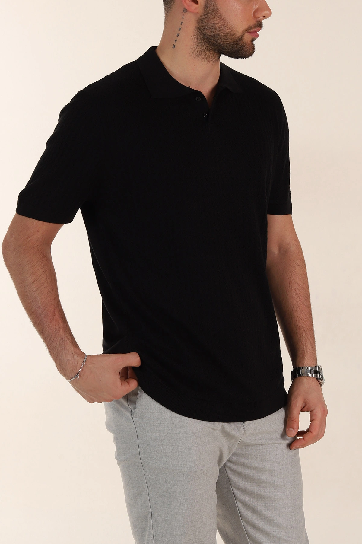 Siyah Slim Fit Desenli Düğmeli Polo Yaka Erkek Tişört 358316