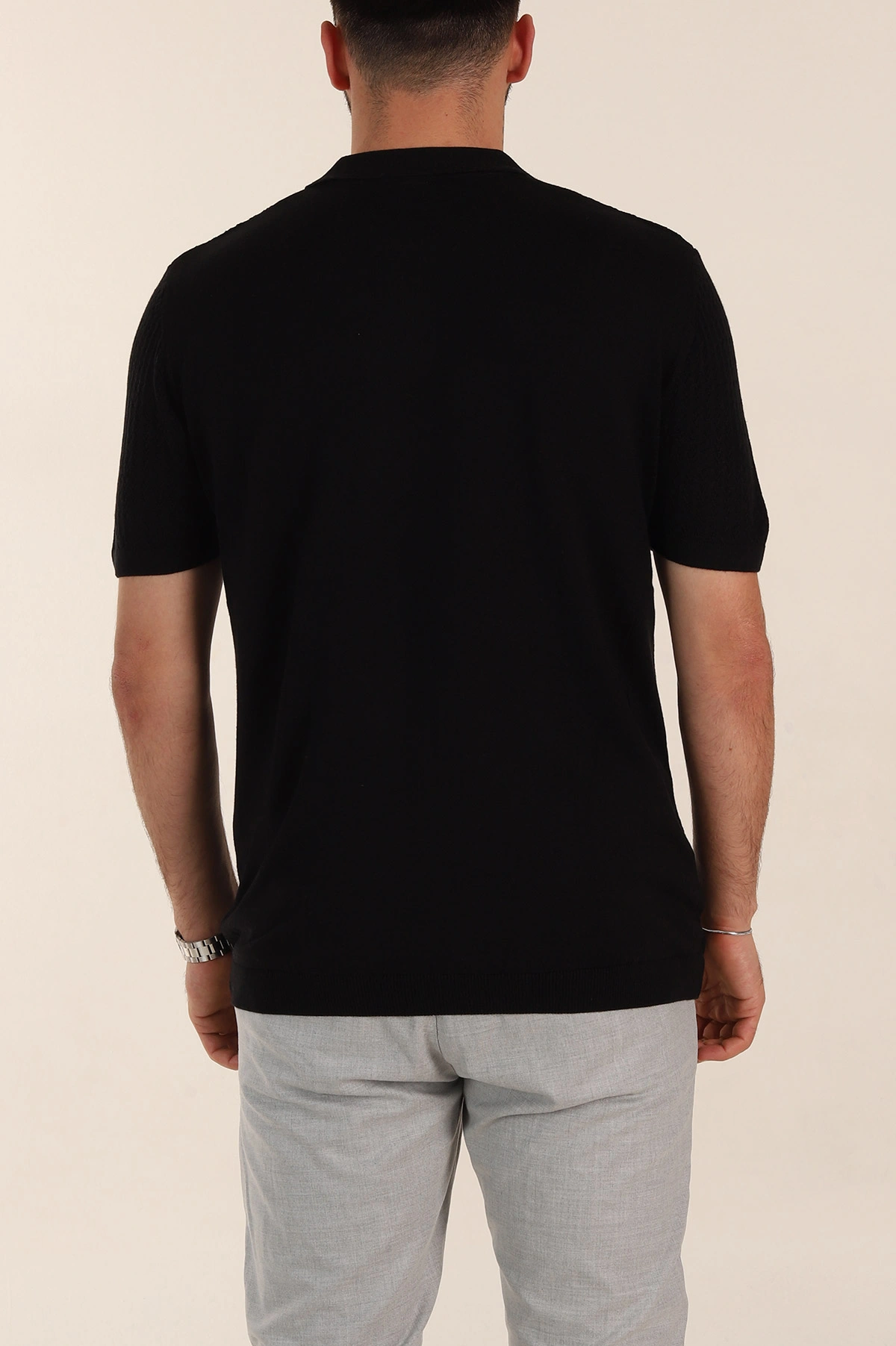 Siyah Slim Fit Desenli Düğmeli Polo Yaka Erkek Tişört 358316
