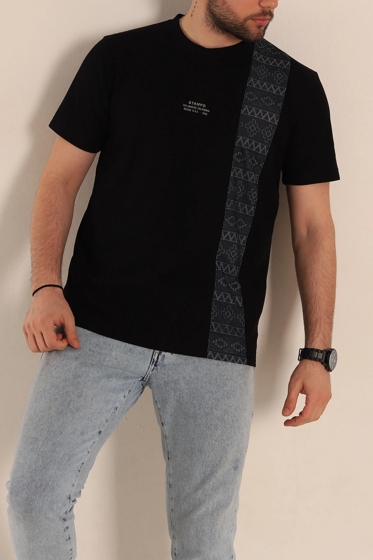 Siyah Slim fit Desenli Yazı Detay Erkek Tişört 268626