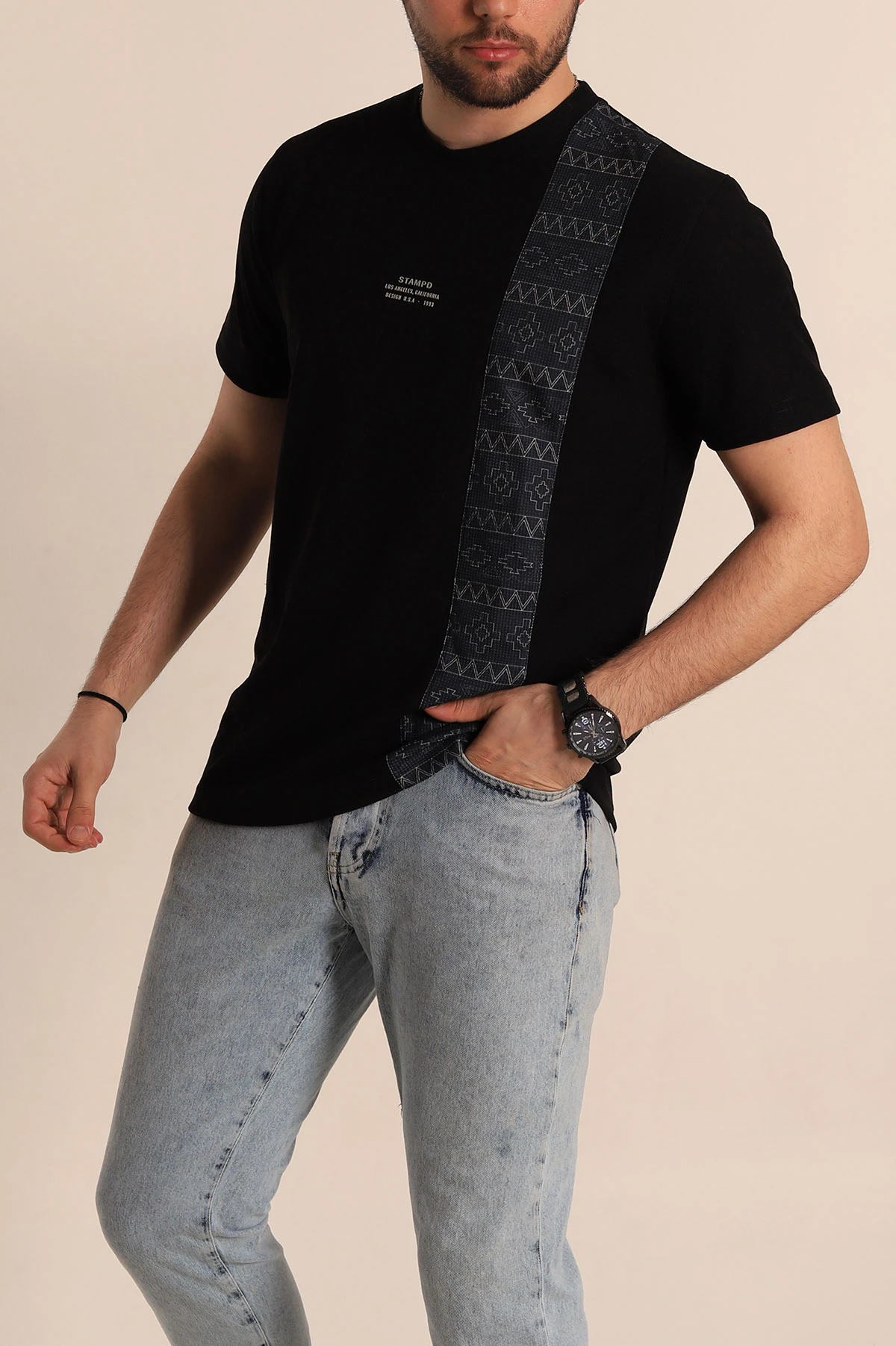 Siyah Slim fit Desenli Yazı Detay Erkek Tişört 268626