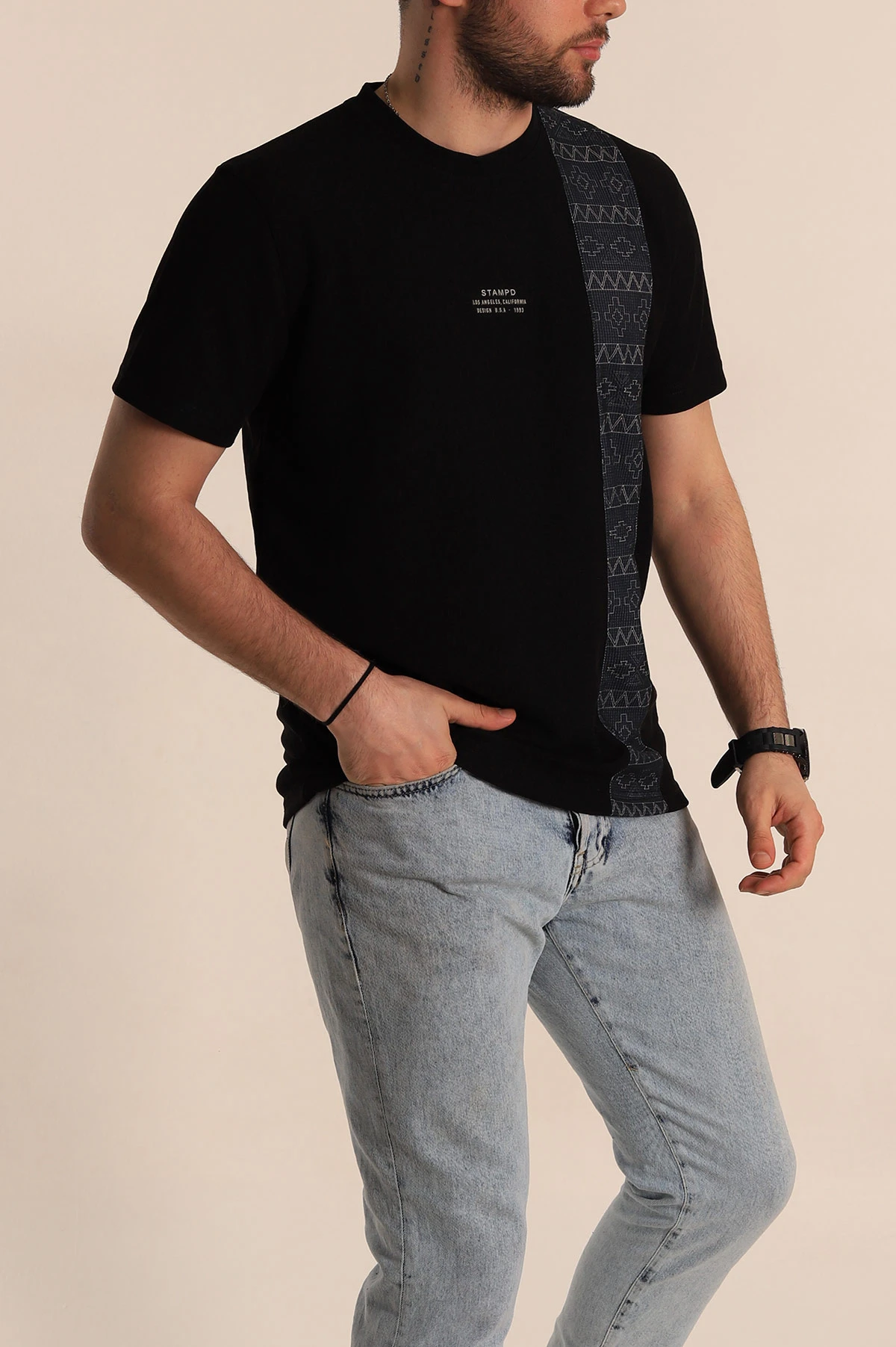 Siyah Slim fit Desenli Yazı Detay Erkek Tişört 268626