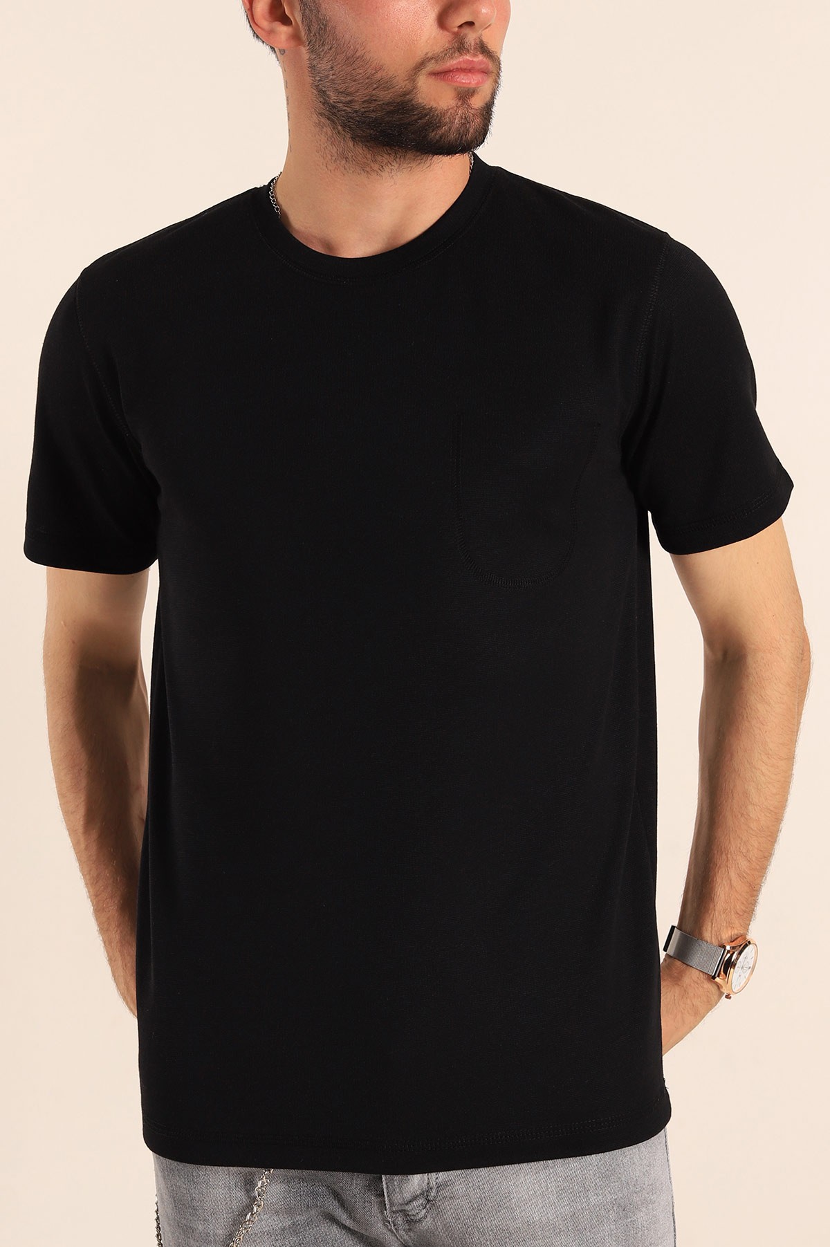 Siyah Slim Fit Dikiş Detay Erkek Tişört 190161