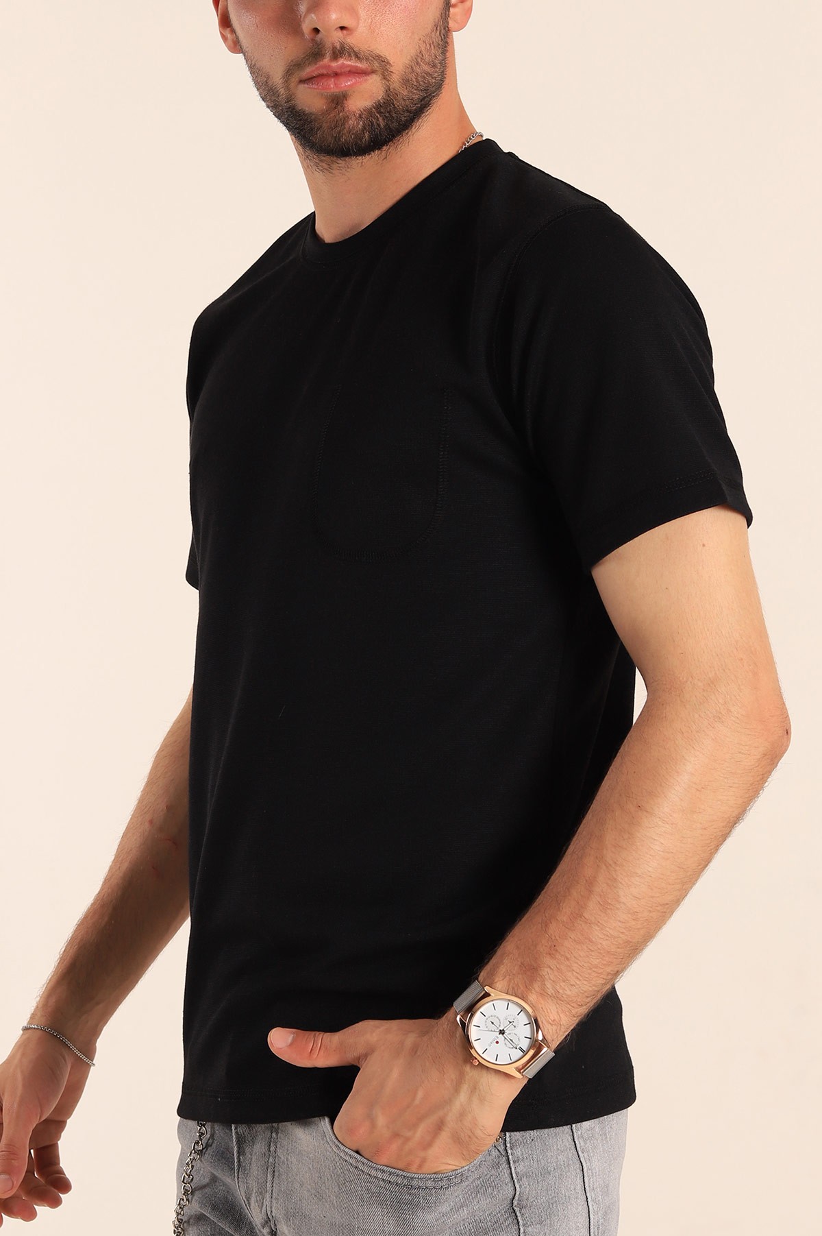 Siyah Slim Fit Dikiş Detay Erkek Tişört 190161